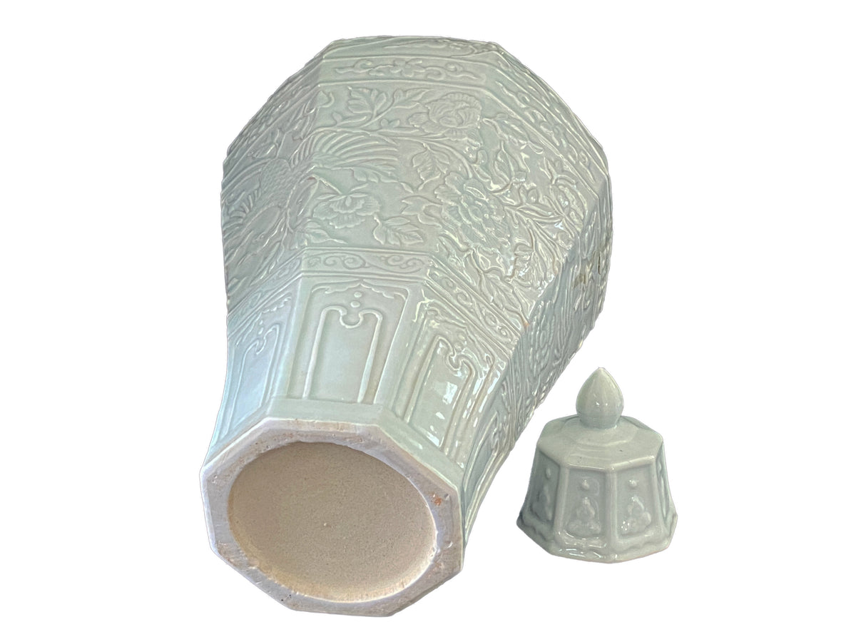 #3884 Chinoiserie Octagonal Celadon Lidded Vase.