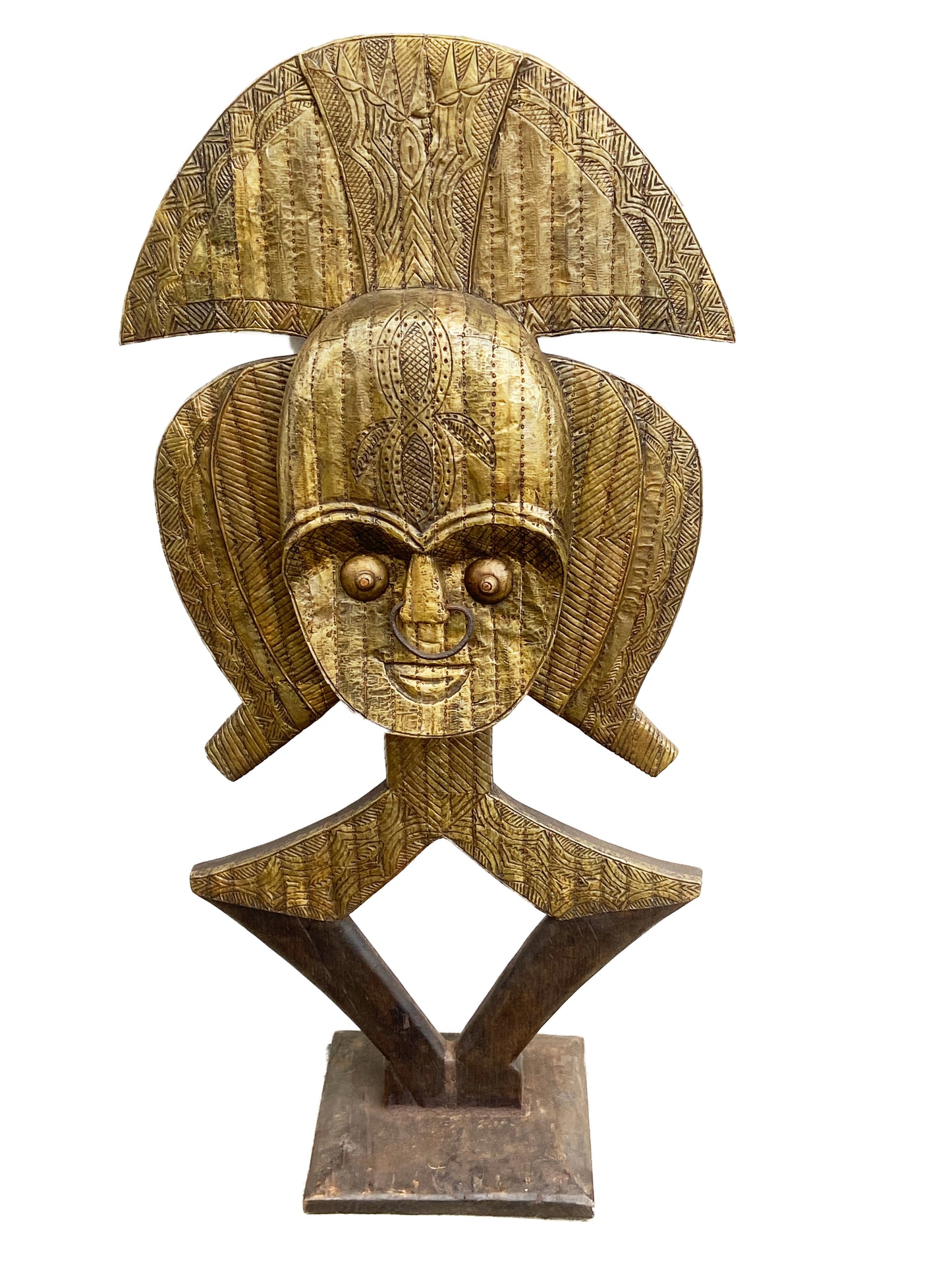 #2335 Huge Bakota Brass and wood Sculpture w/Stand 44.5" H