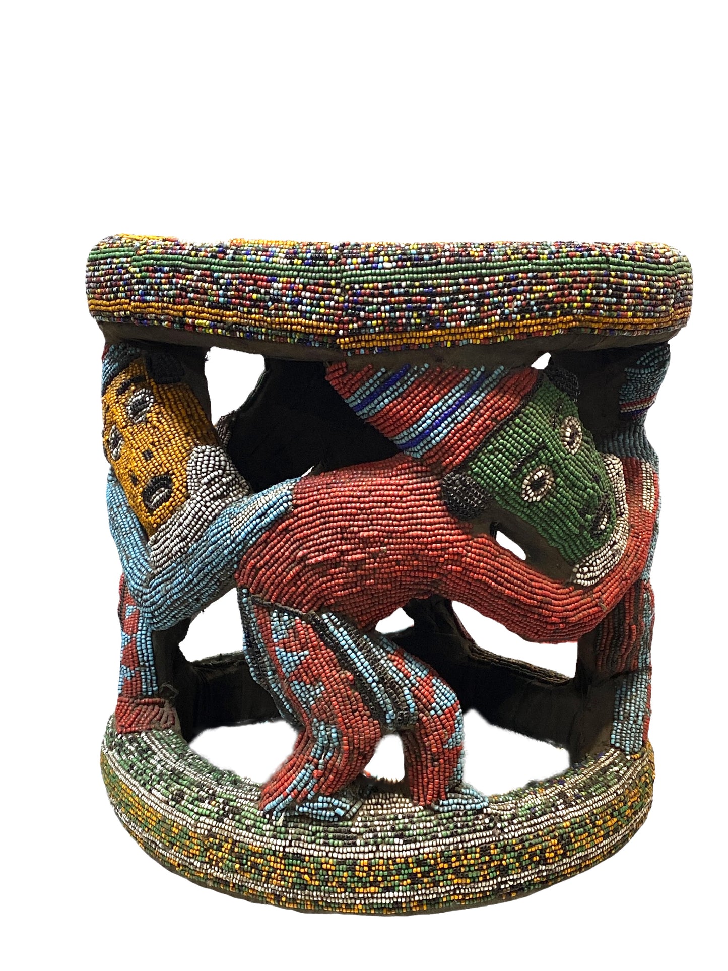 # 4579 LG Nobility Beaded Wood Bamileke Throne /Table/ Stool Cameroon 20" D