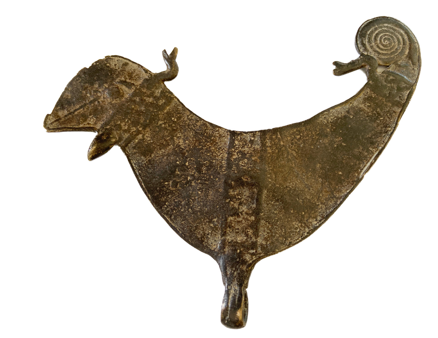 #506 Rare old Bwaba Burkina Faso brass/bronze amulet pendant of a chameleon 7" by 5"