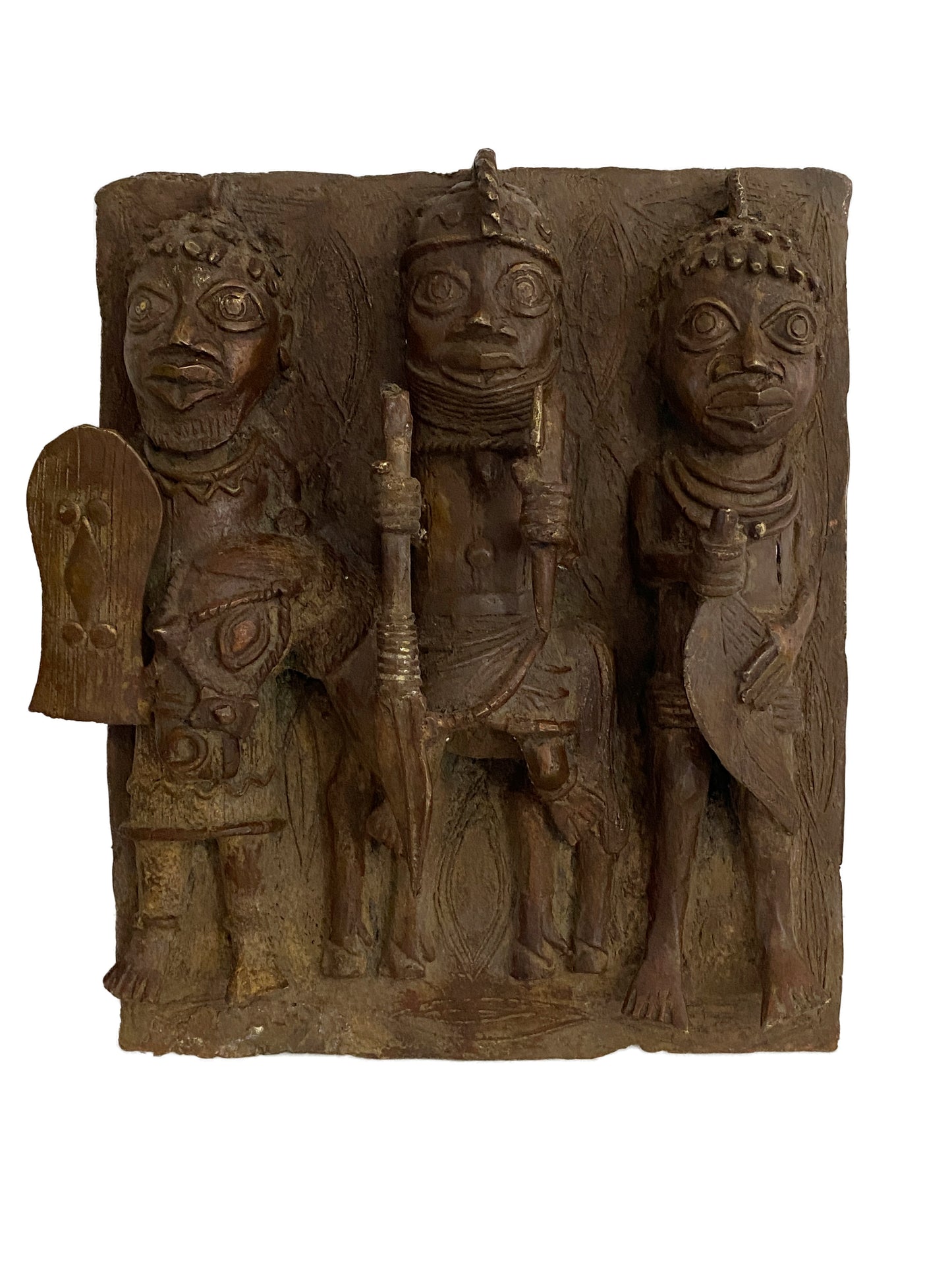 #3927  African Benin Bronze Plaque W/ Warriors 12.5" H
