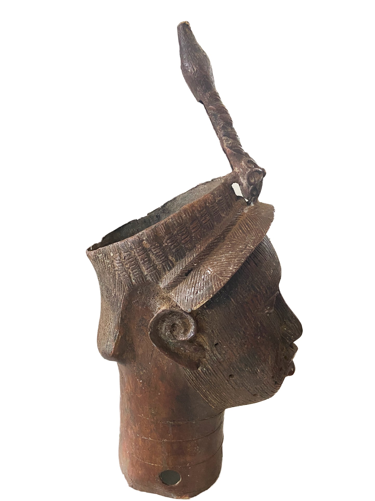 #947 Superb Lg Benin Bronze Head of Oba Nigeria African 22" H