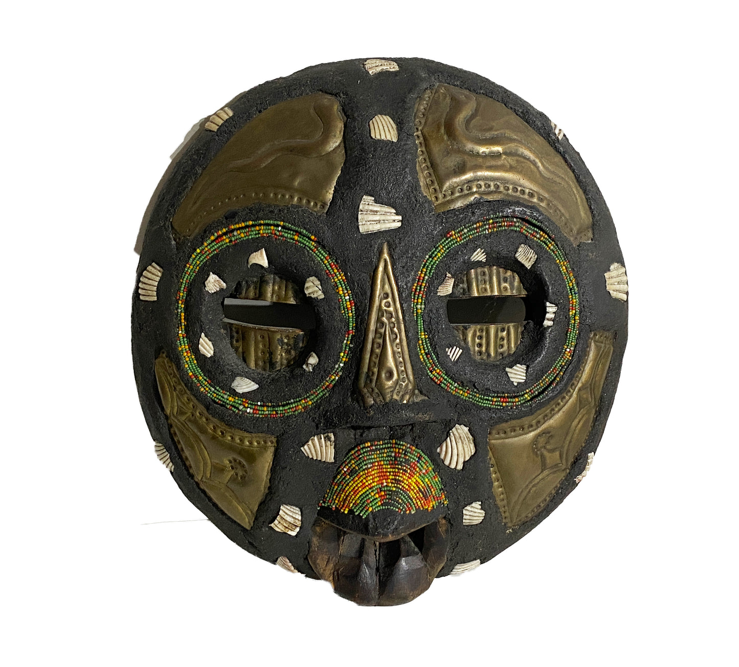 African Vintage Tribal Wood Hand Carved Beaded Mask Moon Face 10"H