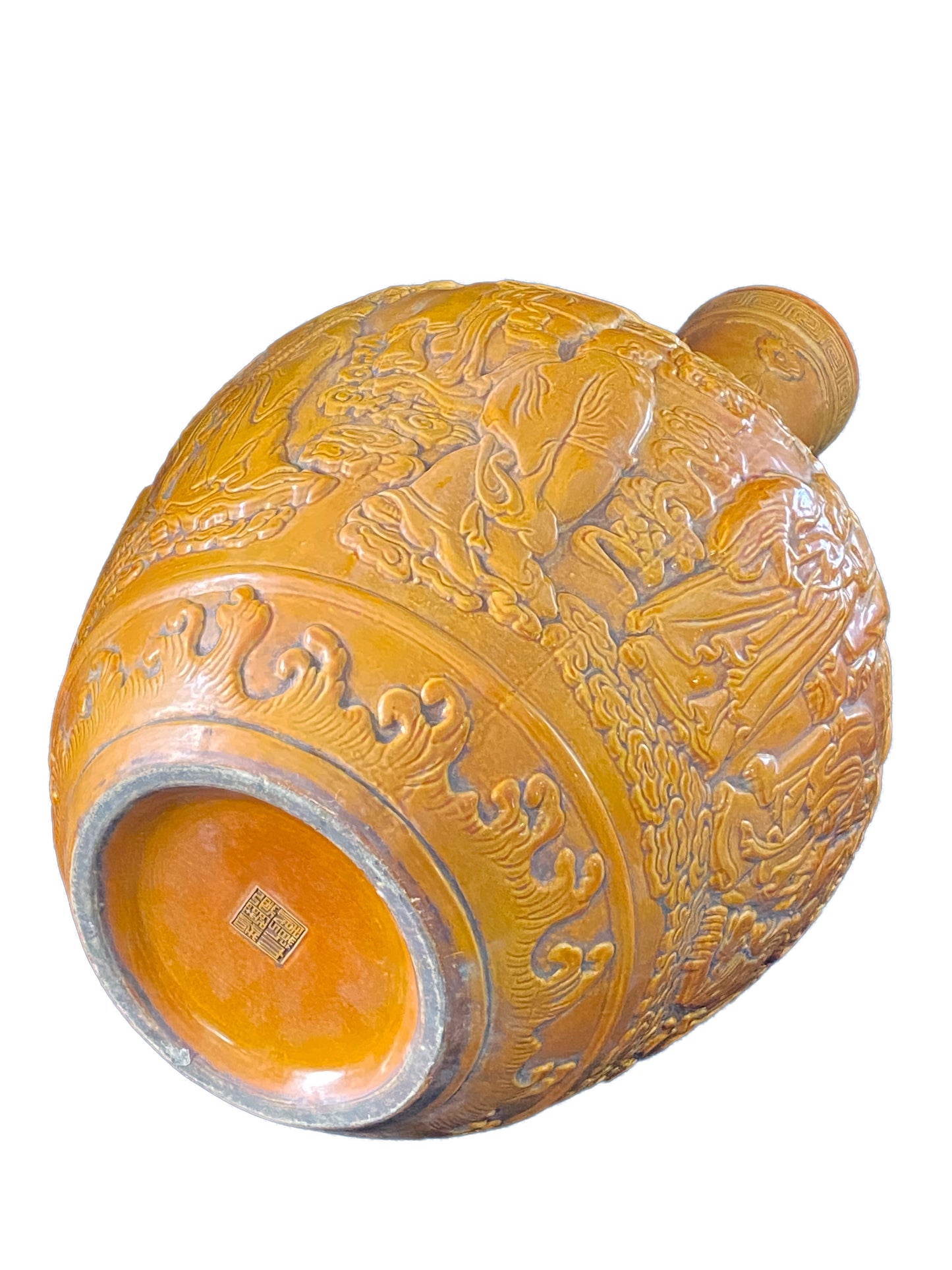 # 3705 Famille Jaune Style Onion Shape Porcelain Vase W/Buddhas