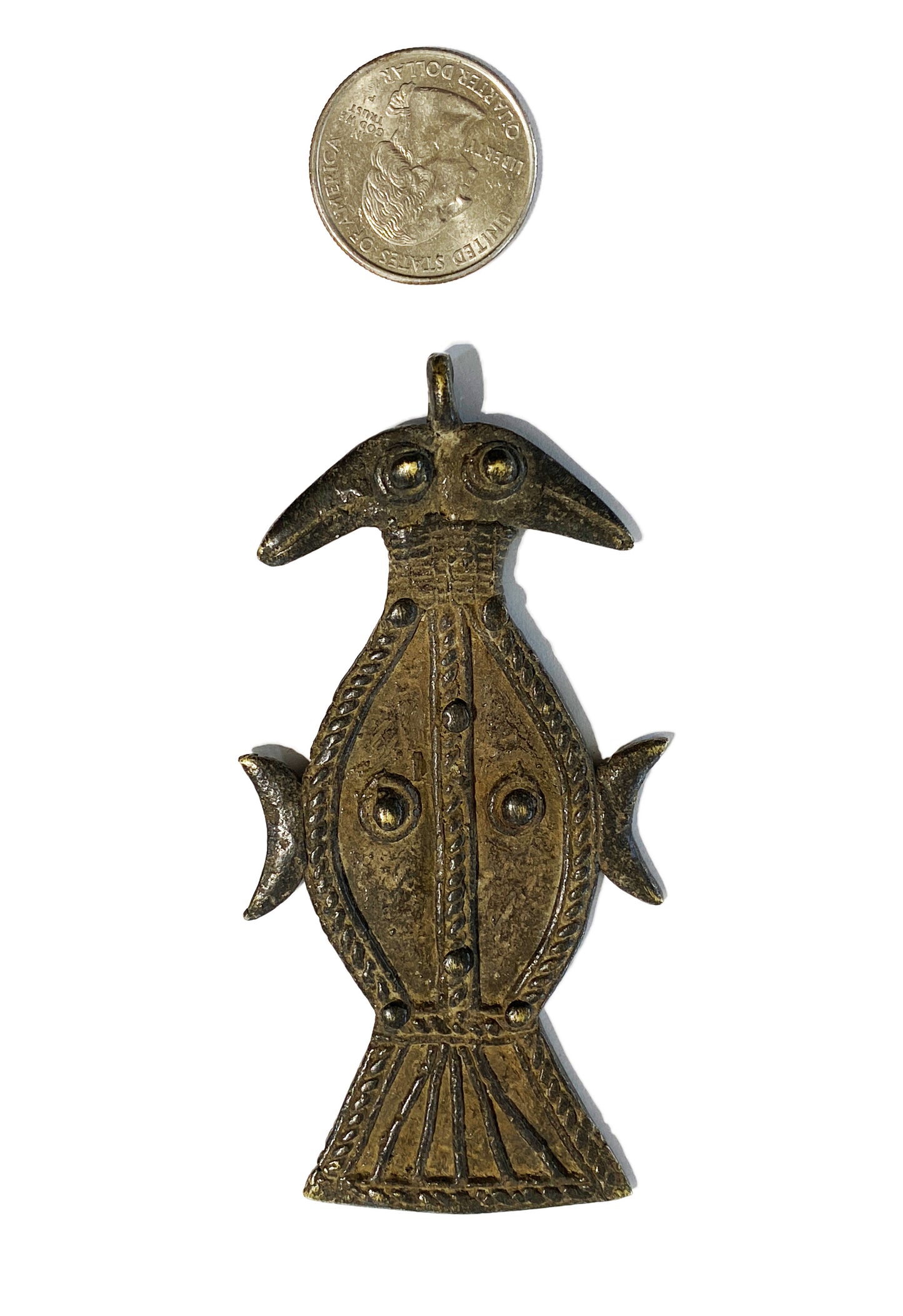 #4166 Superb Lobi Bronze Amulet Talisman pendant of Two Birds Burkina Faso 3.5" H
