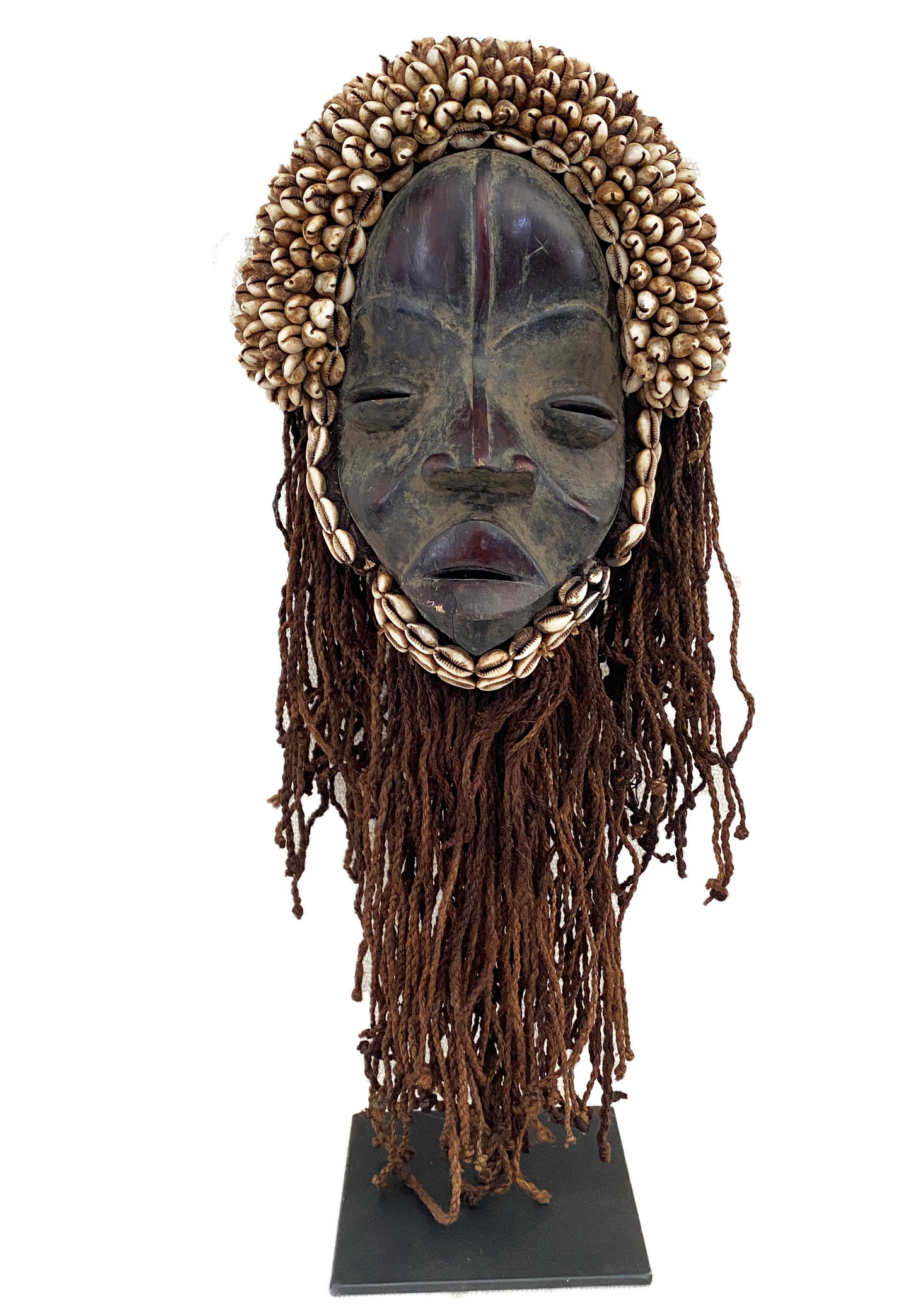#3754 African Dan Mask Deangle Cowry Shells On Iron Stand