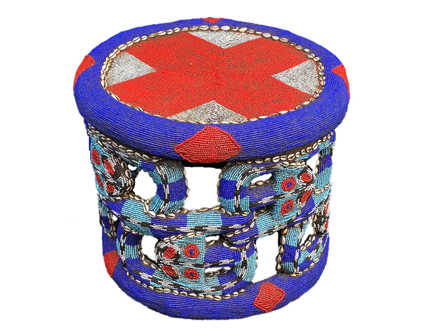 # 3777 Large Nobility Beaded Wood Bamileke Throne /Table/ Stool W/snakes Cameroon 25" D