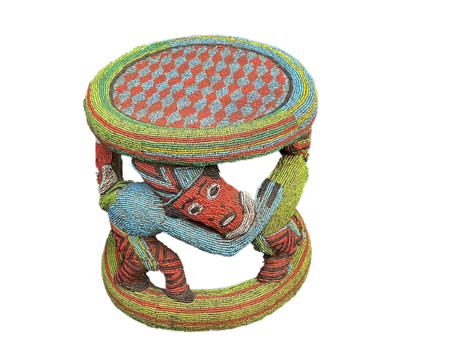 #3775 Large Nobility Beaded Wood Bamileke Throne /Table/ Stool Cameroon 21" D