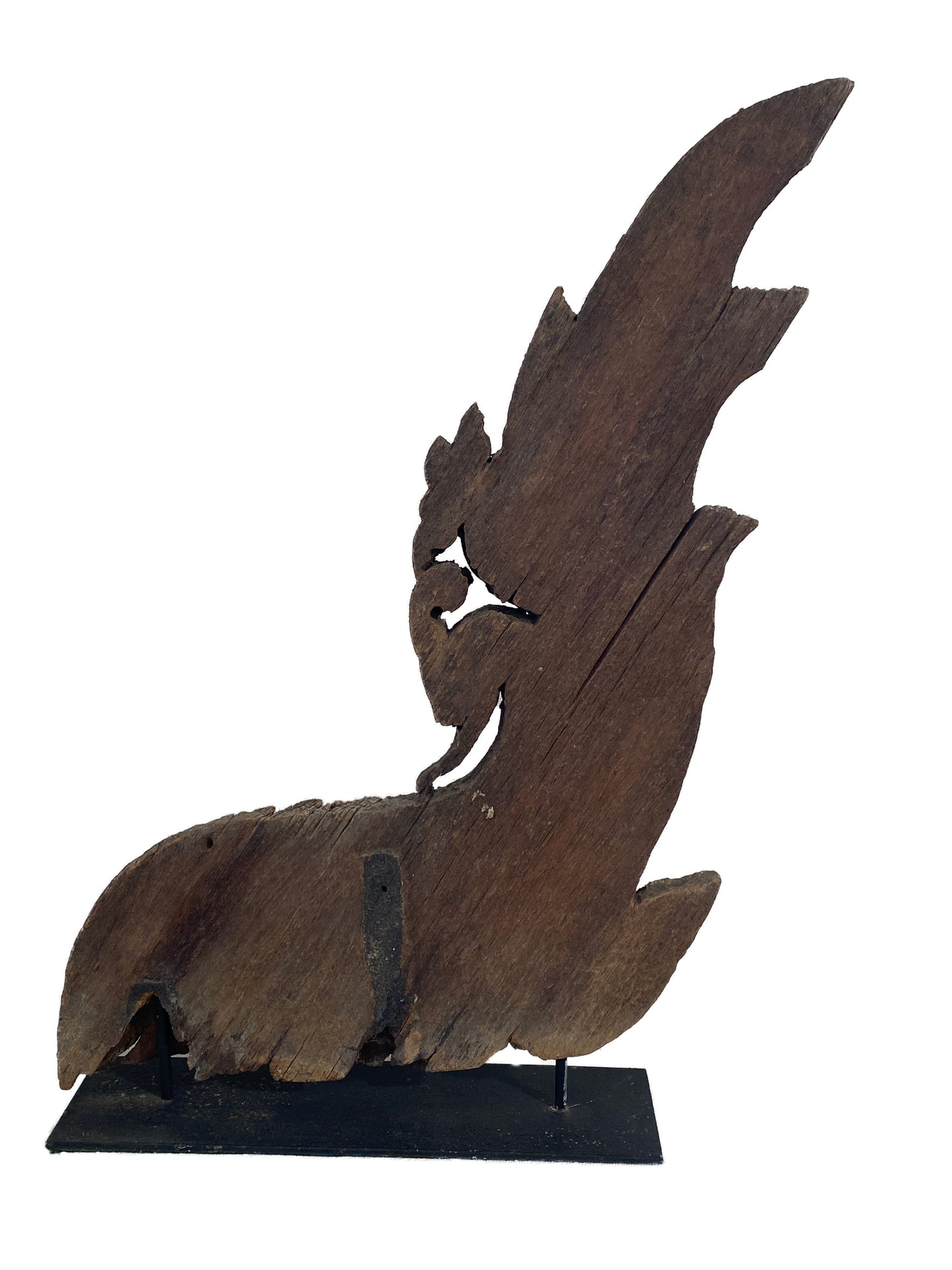 #4138 Large 19th Century Thai Wood Naga Roof Finial Sculpture on Iron Stand 31.25" H
