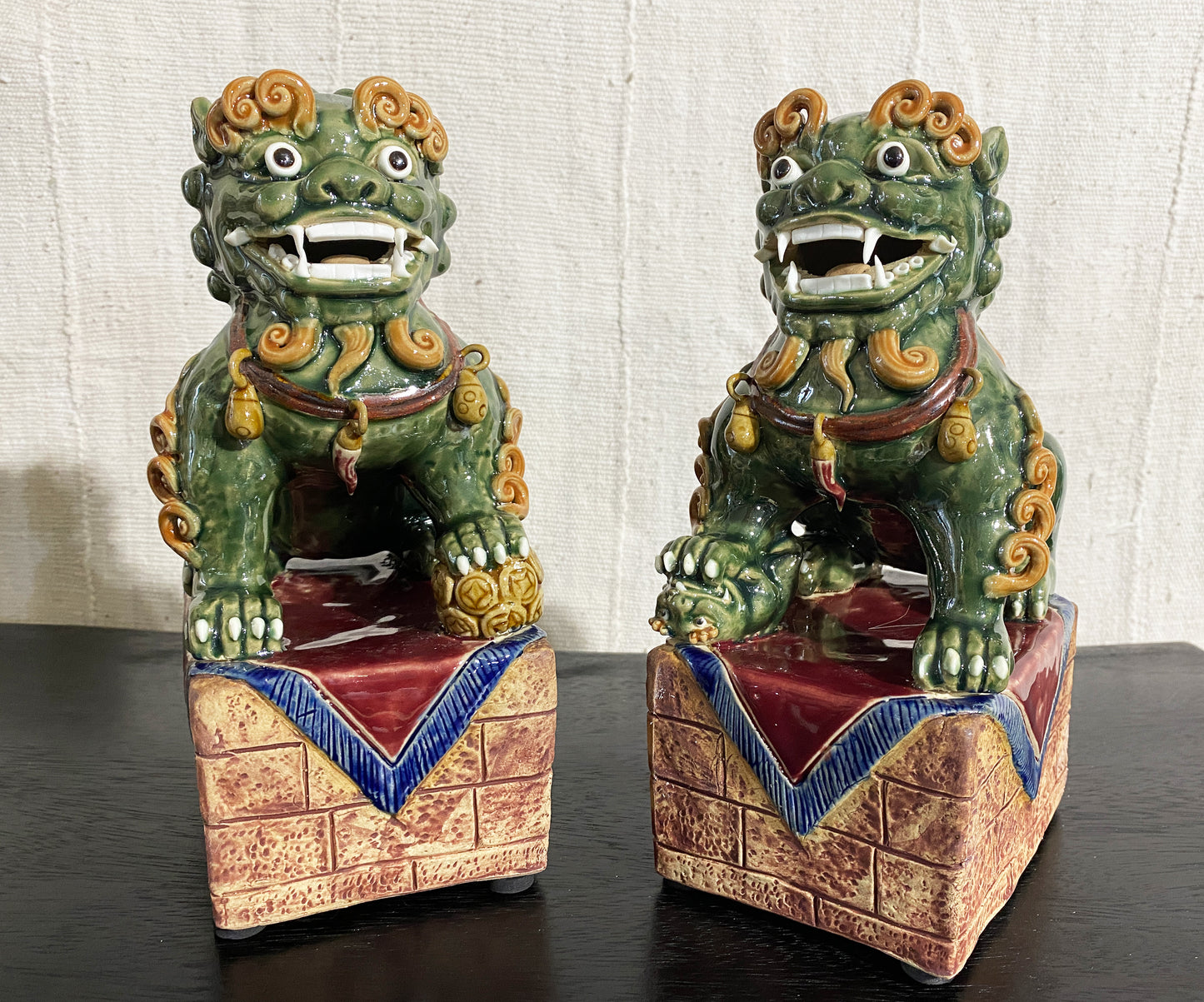 # 4158 Chinoiserie Sancai Glaze Pottery Foo Dogs - a Pair 9.5" H