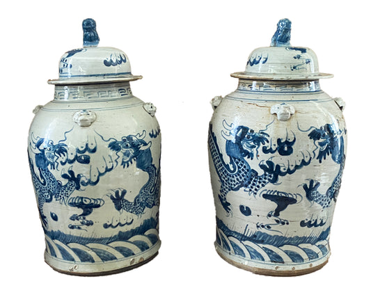 #3148 Chinoiserie Blue and White Porcelain Ginger Jars With Dragons -Pair