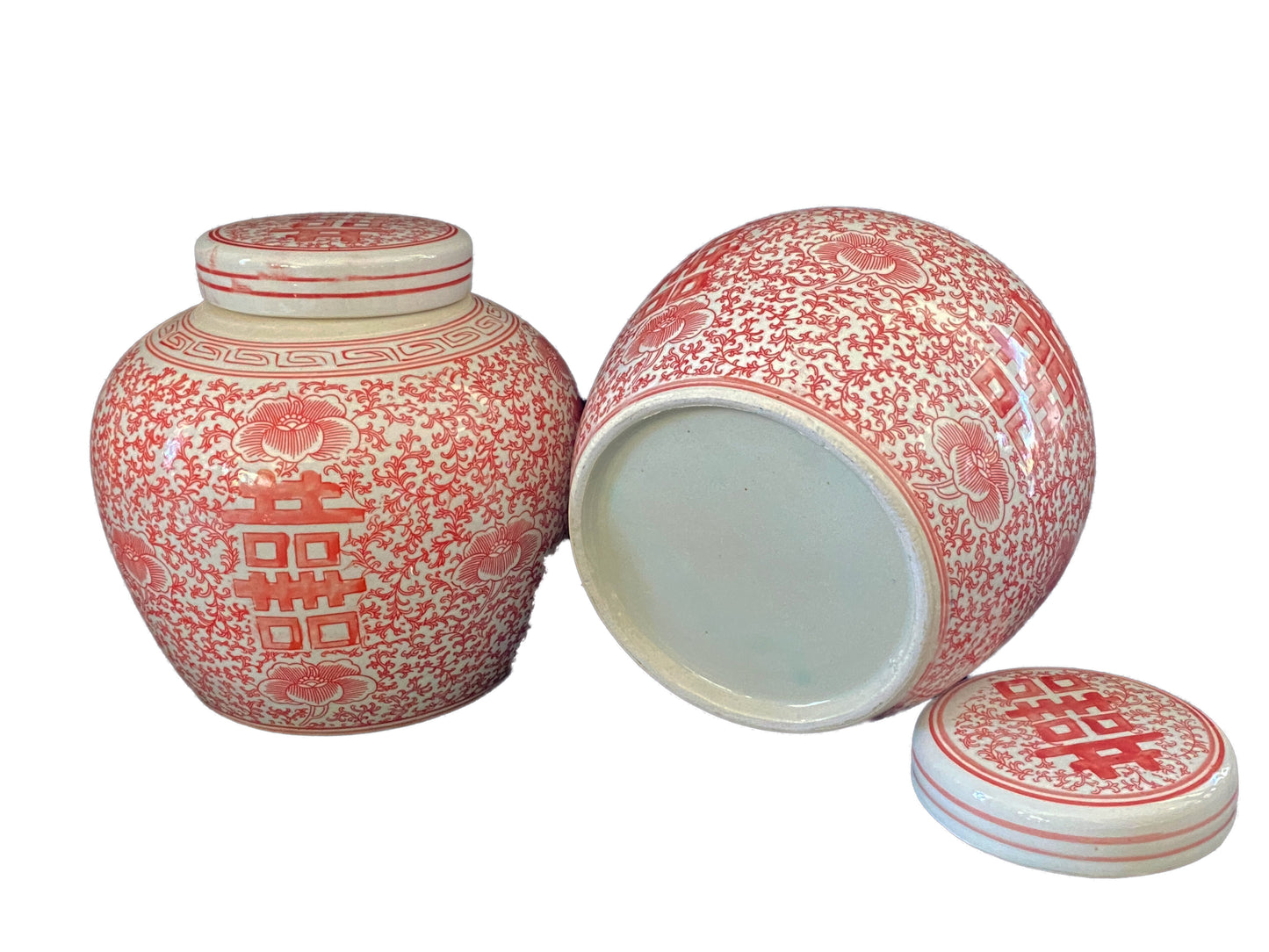 # 6160/3172 Chinoiserie Coral and White Double Happiness Ginger Jars/Pair 8.5" H