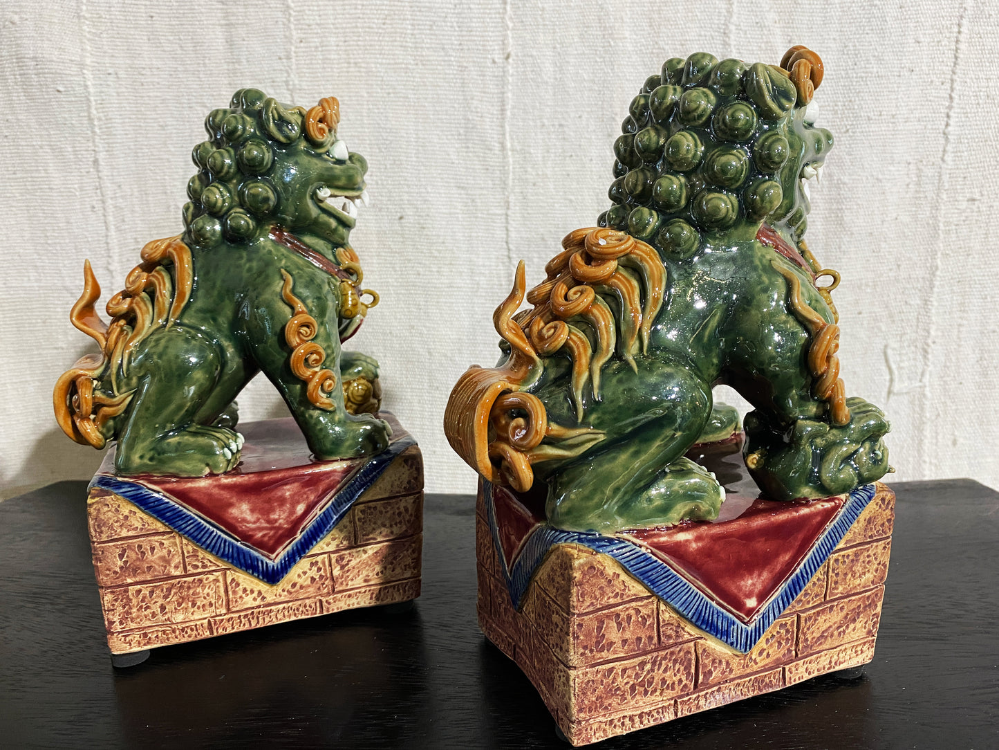 # 4158 Chinoiserie Sancai Glaze Pottery Foo Dogs - a Pair 9.5" H