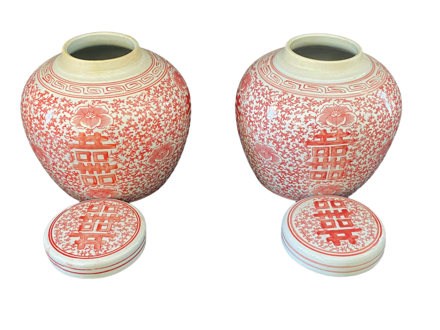 # 6160/3172 Chinoiserie Coral and White Double Happiness Ginger Jars/Pair 8.5" H