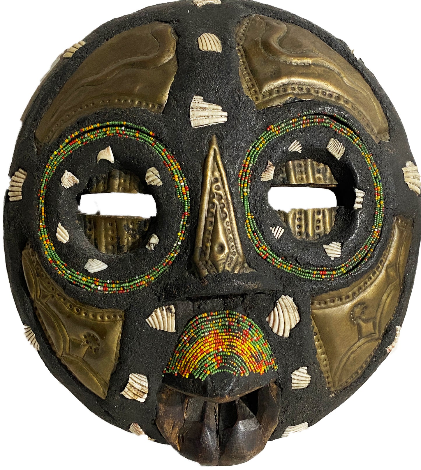 African Vintage Tribal Wood Hand Carved Beaded Mask Moon Face 10"H