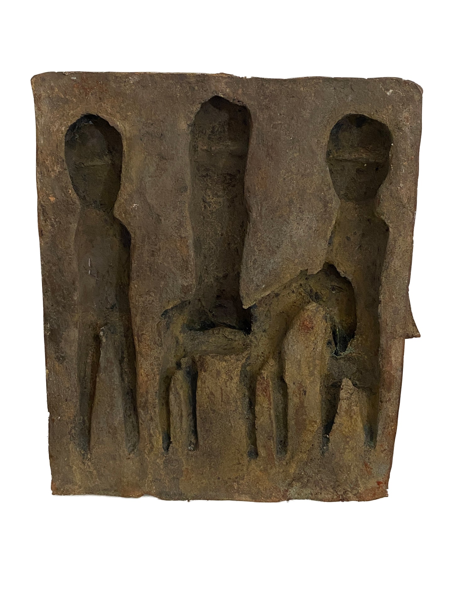 #3927  African Benin Bronze Plaque W/ Warriors 12.5" H