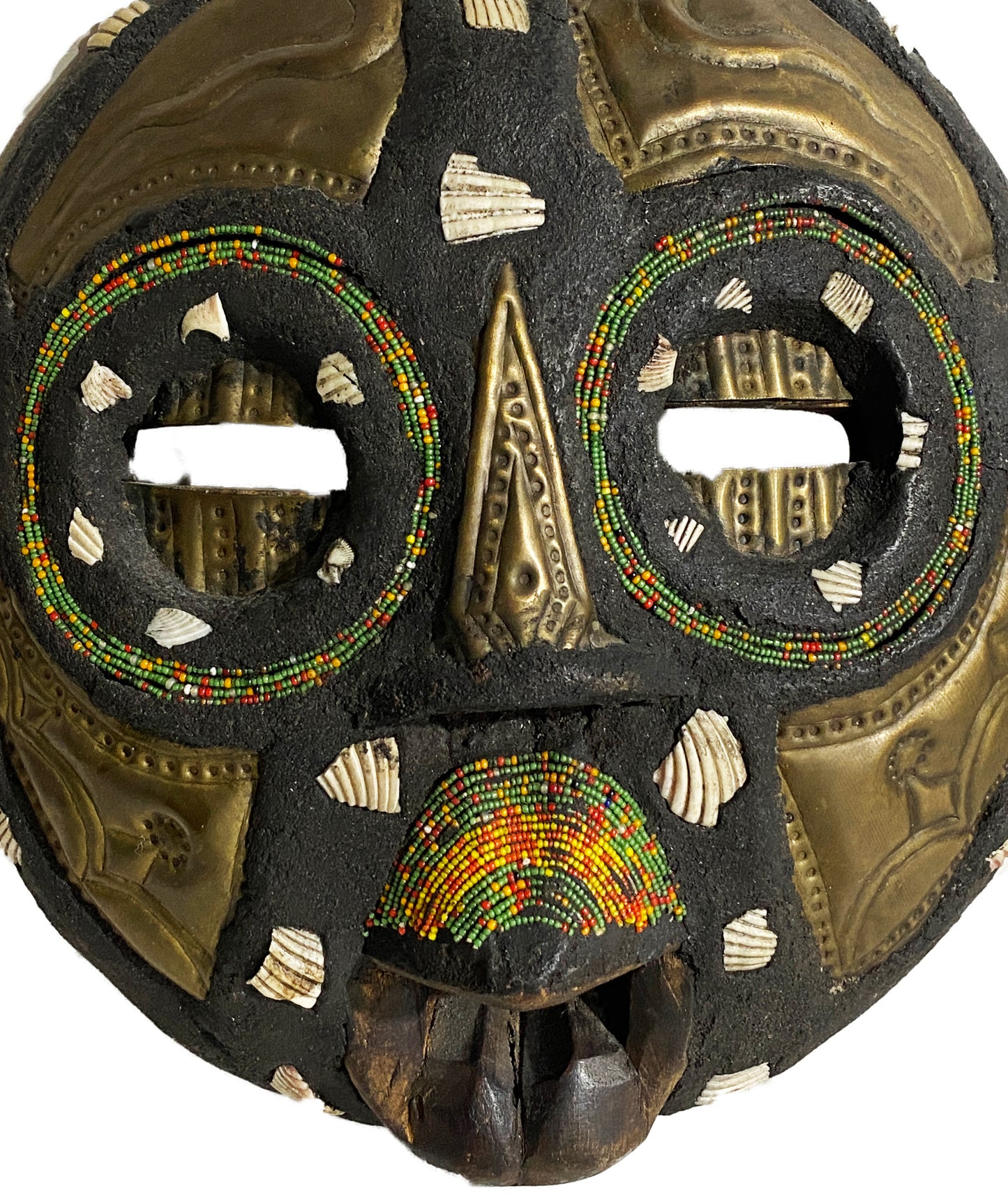 African Vintage Tribal Wood Hand Carved Beaded Mask Moon Face 10"H