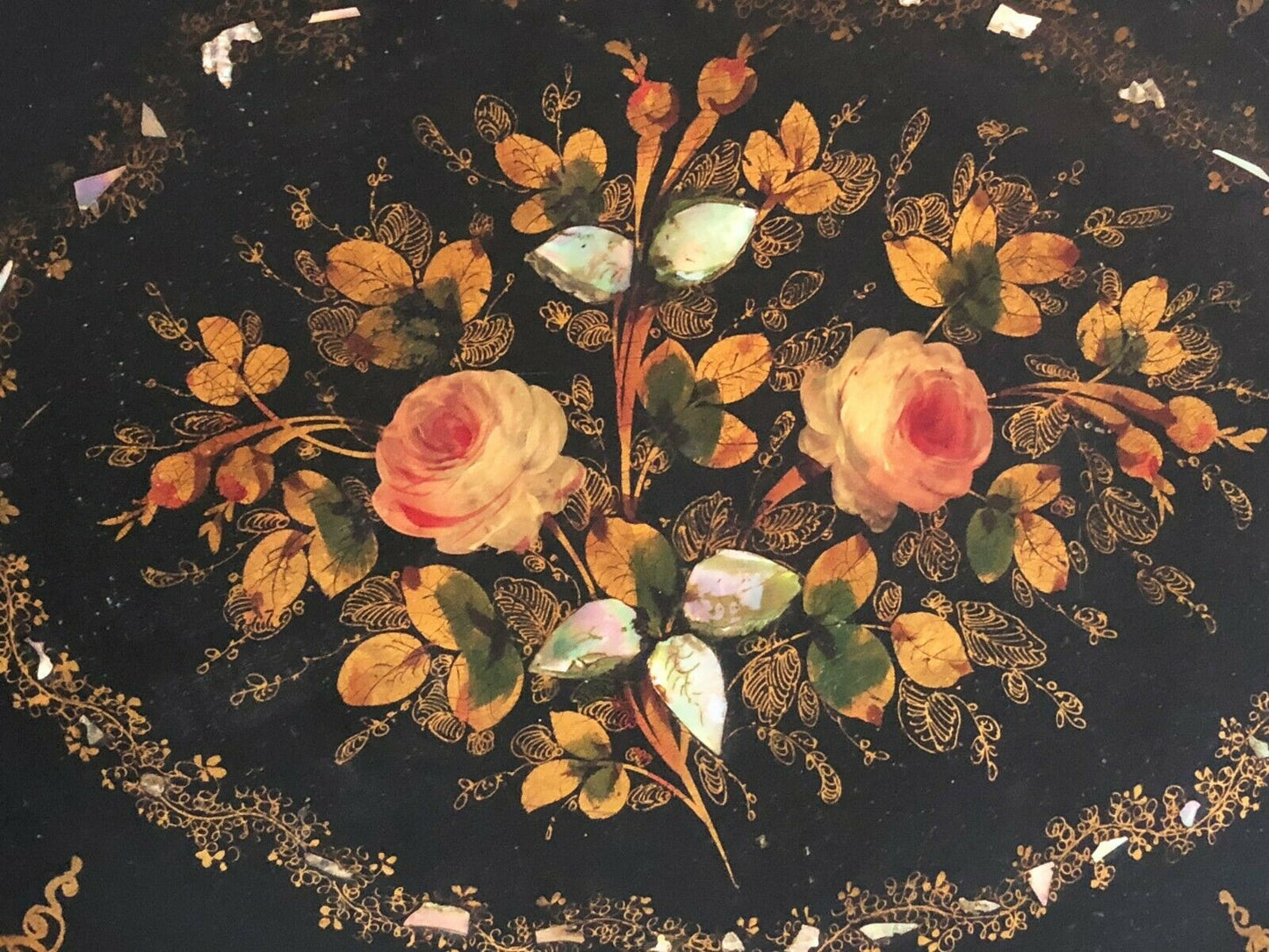 19th Papier Mâché Hand Painted Oval Tray Table W/ Mother of Pearl Inlay 22.5' H #525