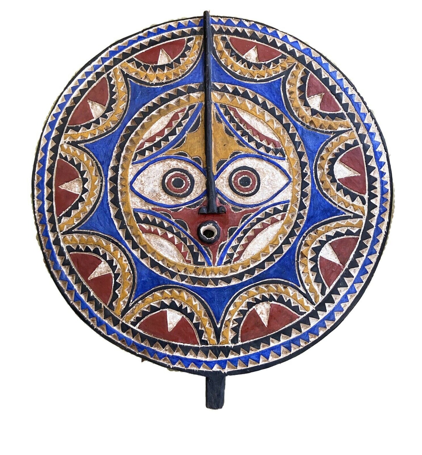 #877 Lg Bwa Sun Mask Blue and Red Burkina Faso 28 Inch African Art