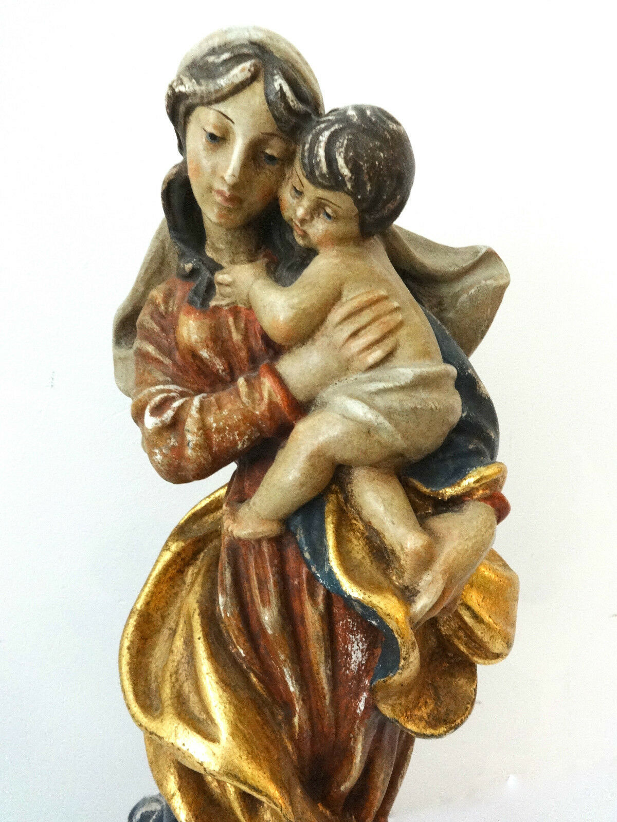 Superb European Antique Santos Madona /Virgen Mary Holding Baby Jesus19.5" H