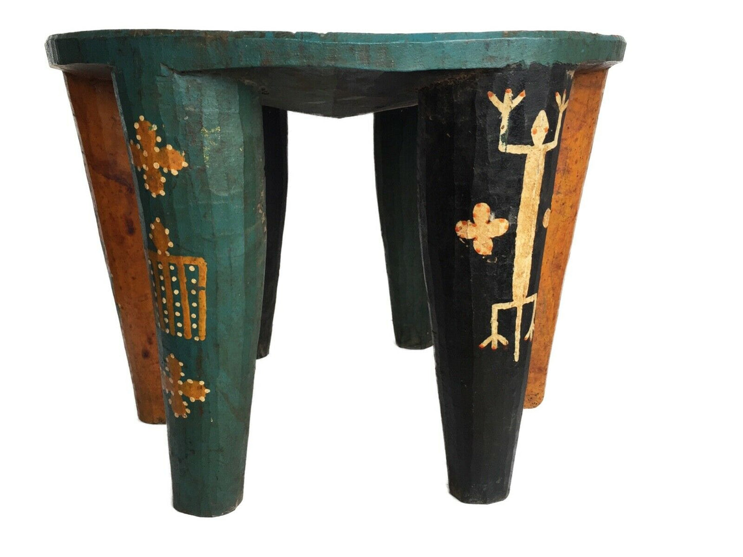 #2143 Superb African LG Colorful Nupe Stool Nigeria 13" h by 17.5" w