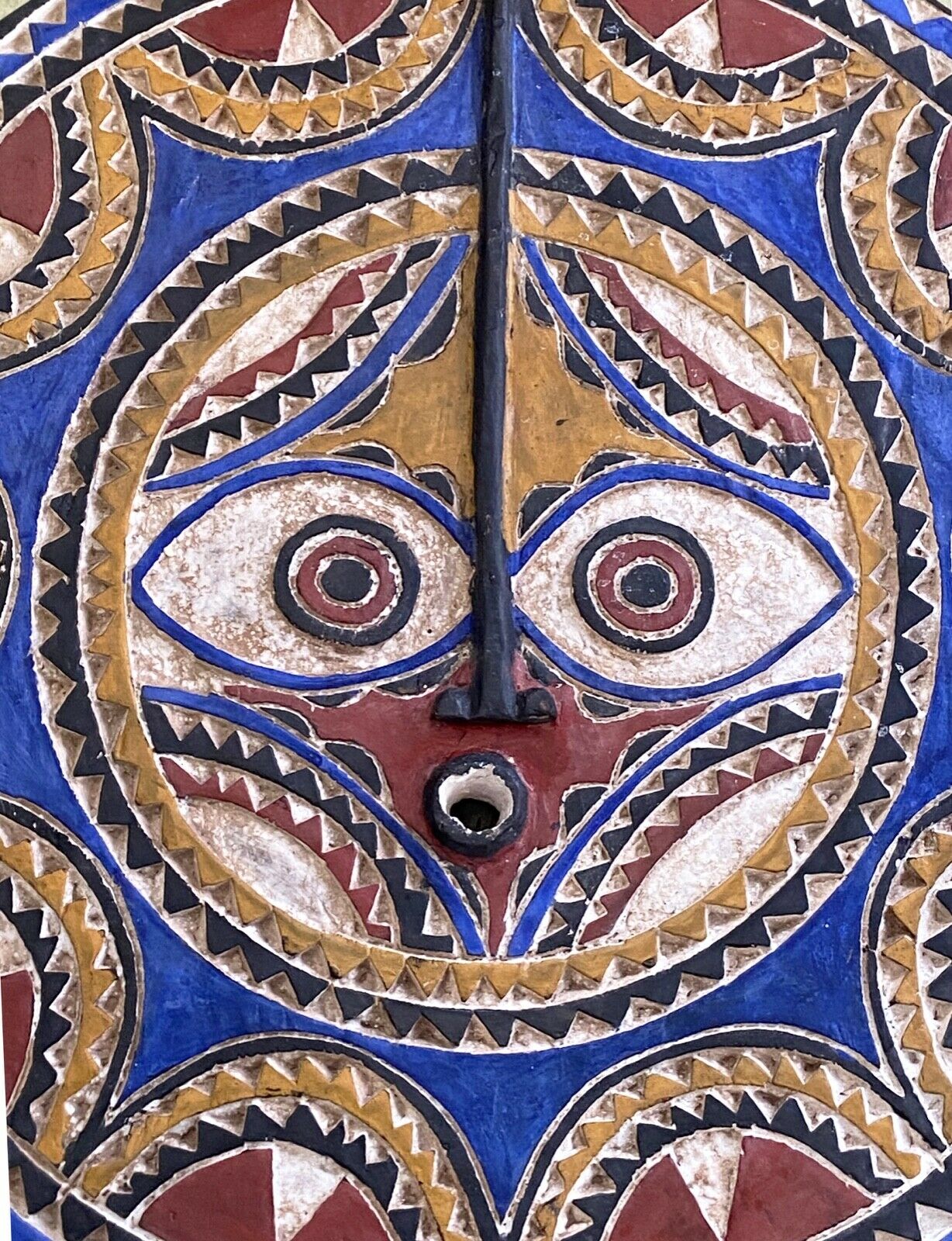 #877 Lg Bwa Sun Mask Blue and Red Burkina Faso 28 Inch African Art