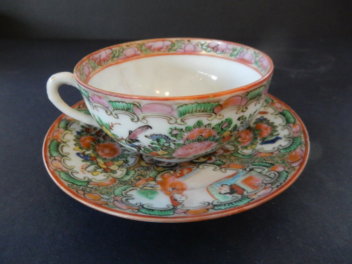 #cu38 Antique Rose Medallion Chinese Porcelain Tea Cup & Saucer