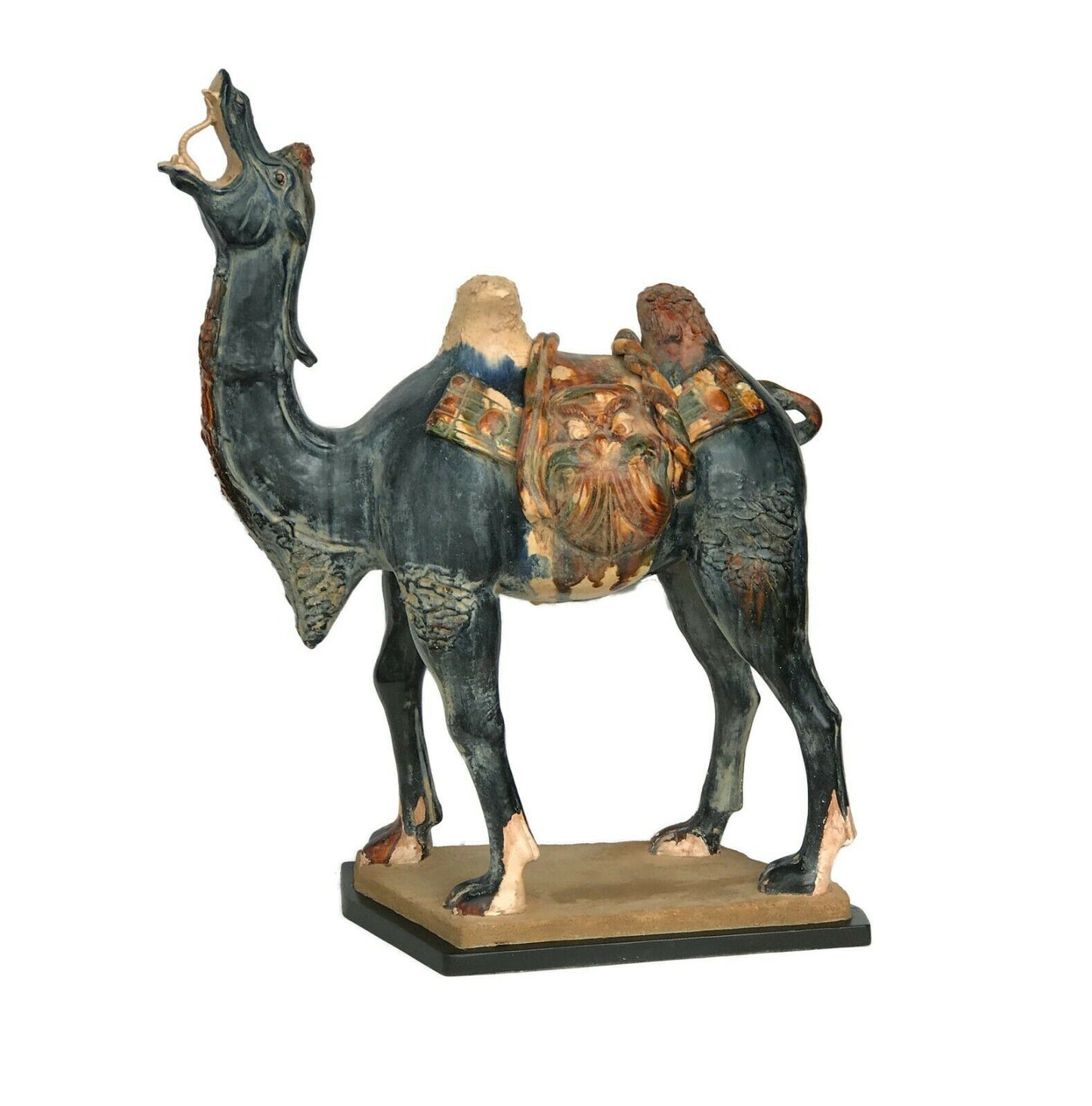#389 Lg Chinese Tang-StyleTerracotta Camel on Wood Stand 26.5" H