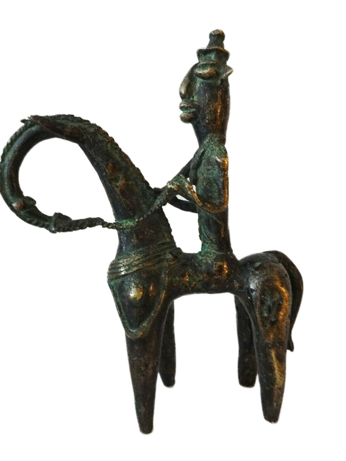 #674 African Dogon Bronze Horseman Cast Handmade Mali 6" W by 7.25" H