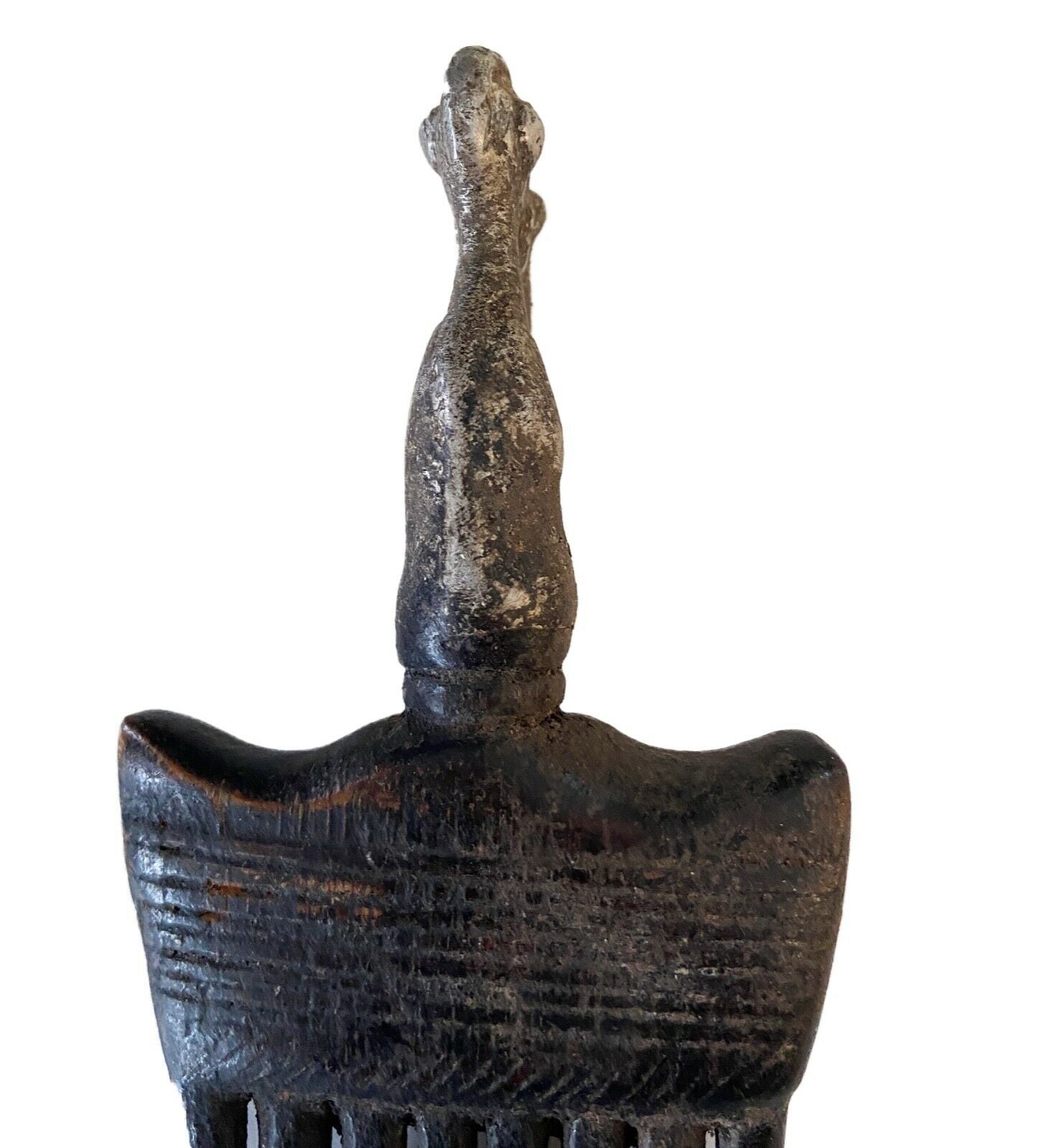 #919 African Baule I.Coast Comb W/ Aluminum Bird Head Sculpture 8 " h