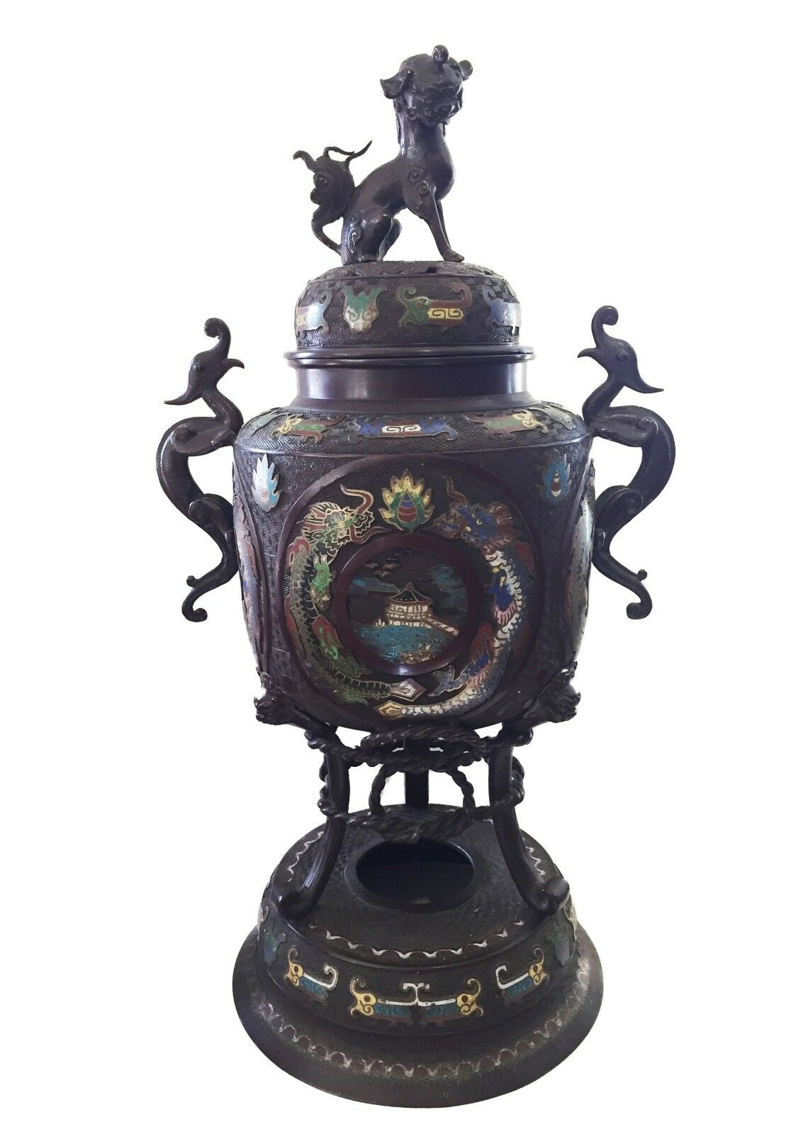 #1129 Superb 19th c Asian Enamel bronze Incense Burner w/Foo Dog 28" H