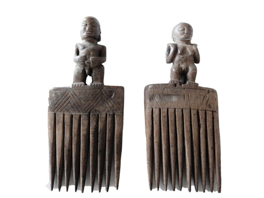 #510 African Old Baule I.Coast Combs W/ Female& Male  Sculptures.