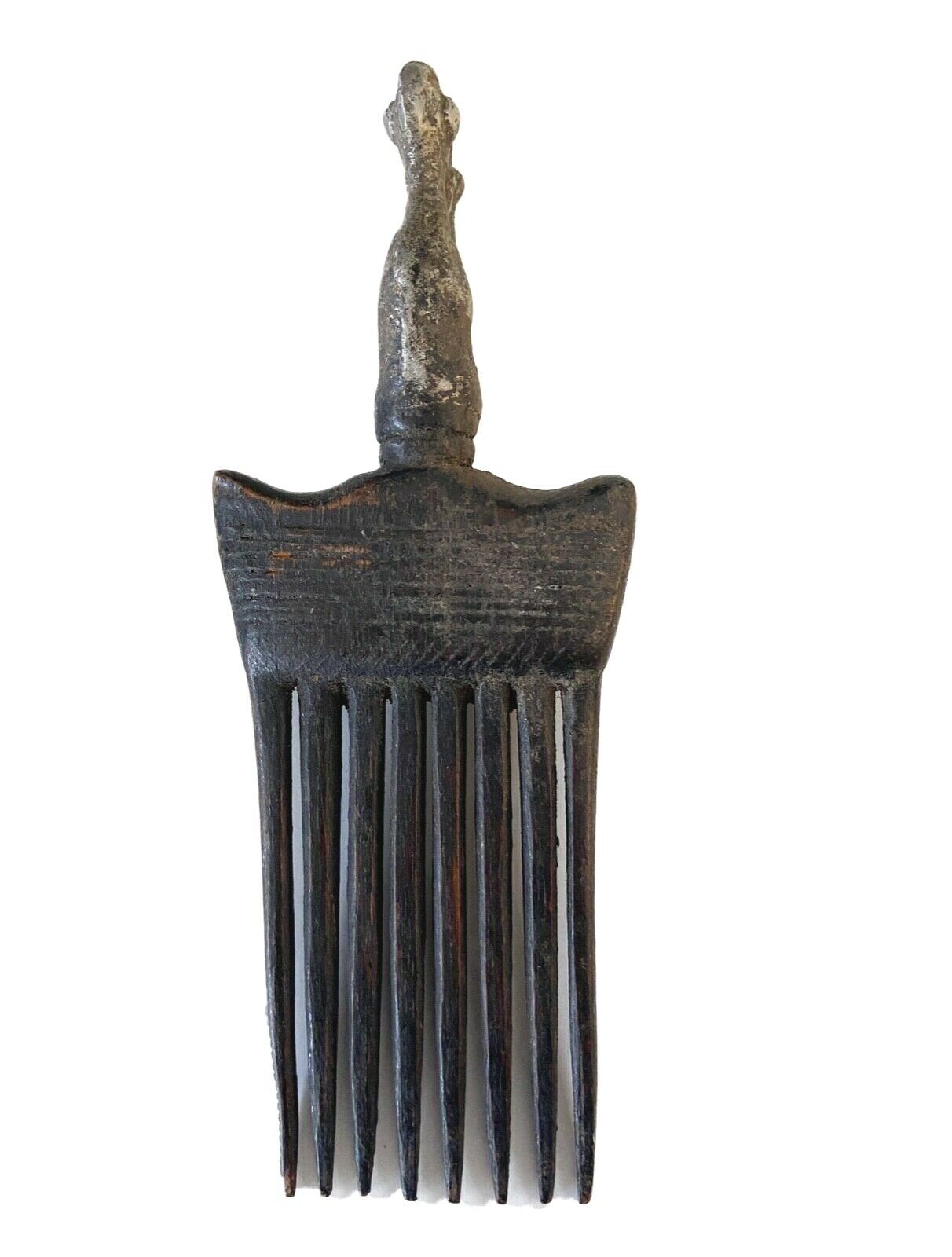 #919 African Baule I.Coast Comb W/ Aluminum Bird Head Sculpture 8 " h