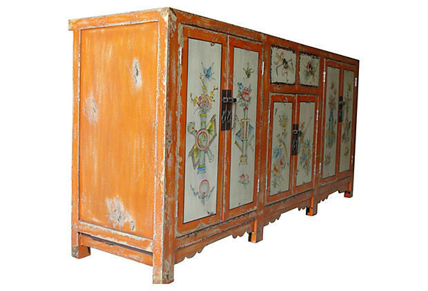 #2155 Superb Mongolian hand painted Elm Cabinet W/ Six Doors
