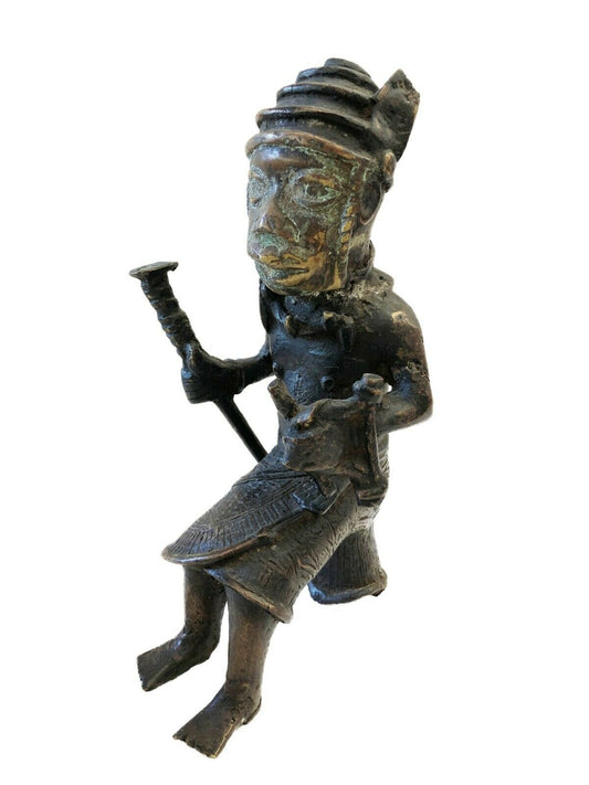 #90 Benin Bronze Oba King Soldier Musician Nigeria African 9" H by 5.25"