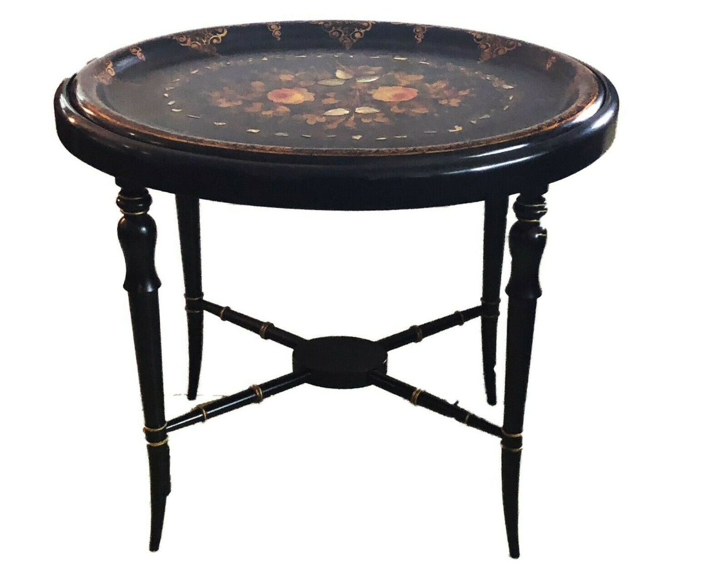 19th Papier Mâché Hand Painted Oval Tray Table W/ Mother of Pearl Inlay 22.5' H #525