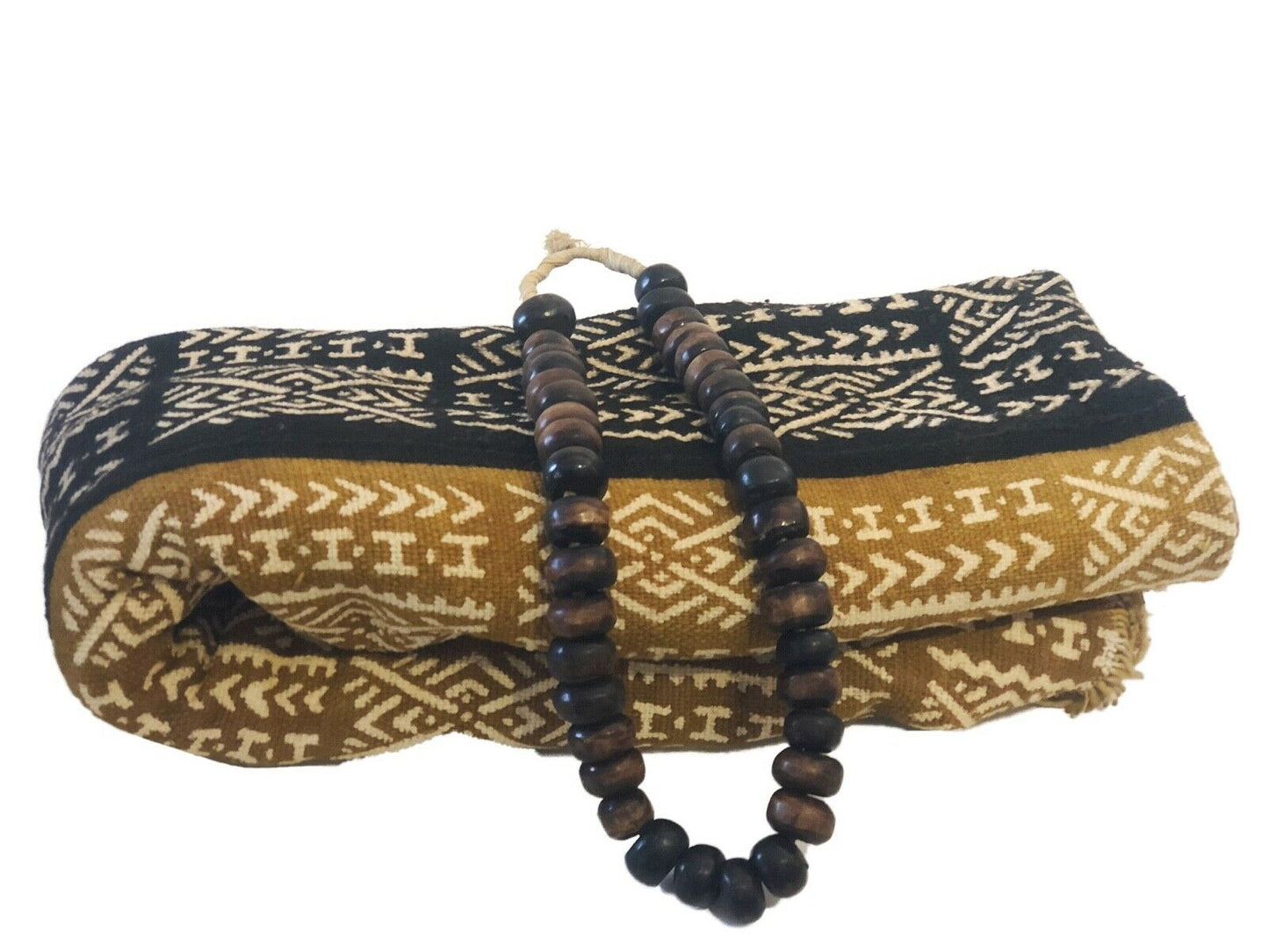 Superb Bogolan Mali Mud Cloth Textile W/ Bone Trade Beads 40" by 60" # 295