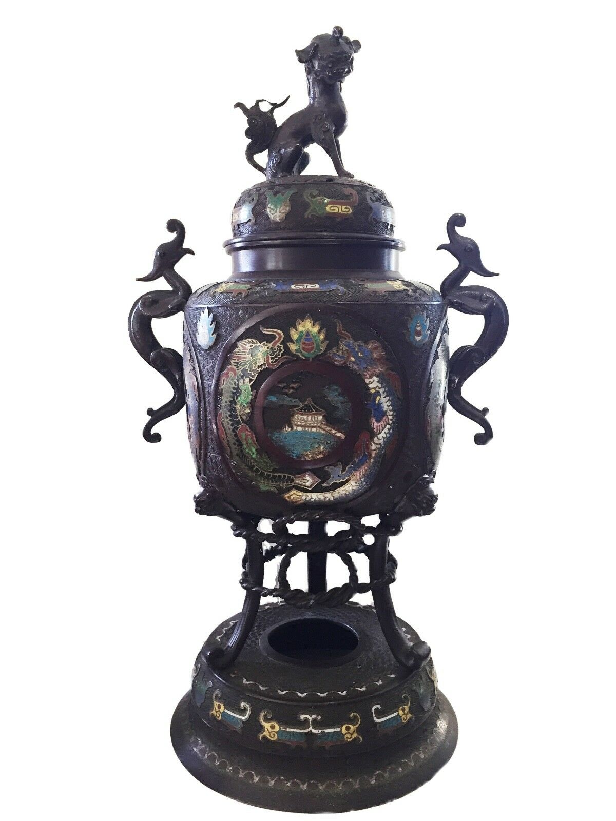 #1129 Superb 19th c Asian Enamel bronze Incense Burner w/Foo Dog 28" H