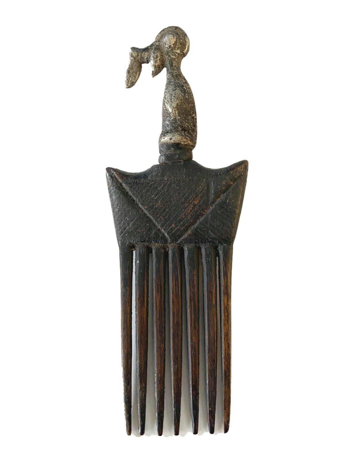 #917 African Baule I.Coast Comb W/ Aluminum Bird Head Sculpture 8 " h