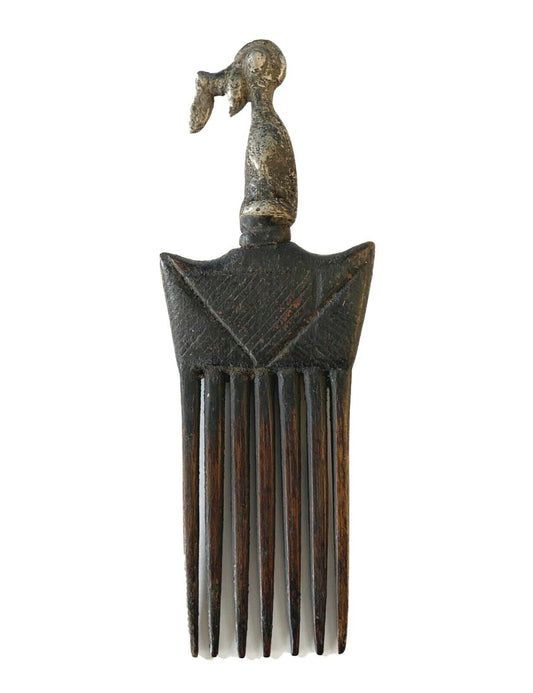 #917 African Baule I.Coast Comb W/ Aluminum  Bird Head Sculpture 8 " h