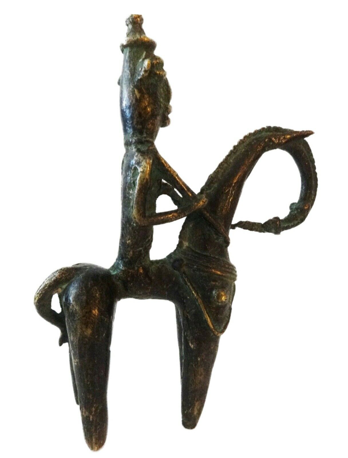 #674 African Dogon Bronze Horseman Cast Handmade Mali 6" W by 7.25" H