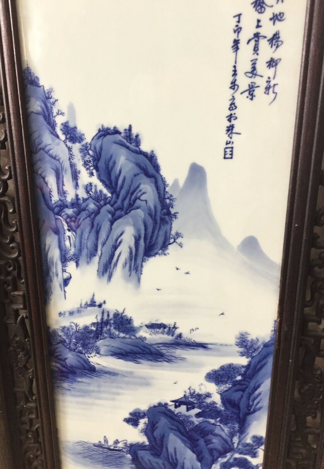 #2063 Superb LG Chinese Blue and White Porcelain Wood Panel 47" H