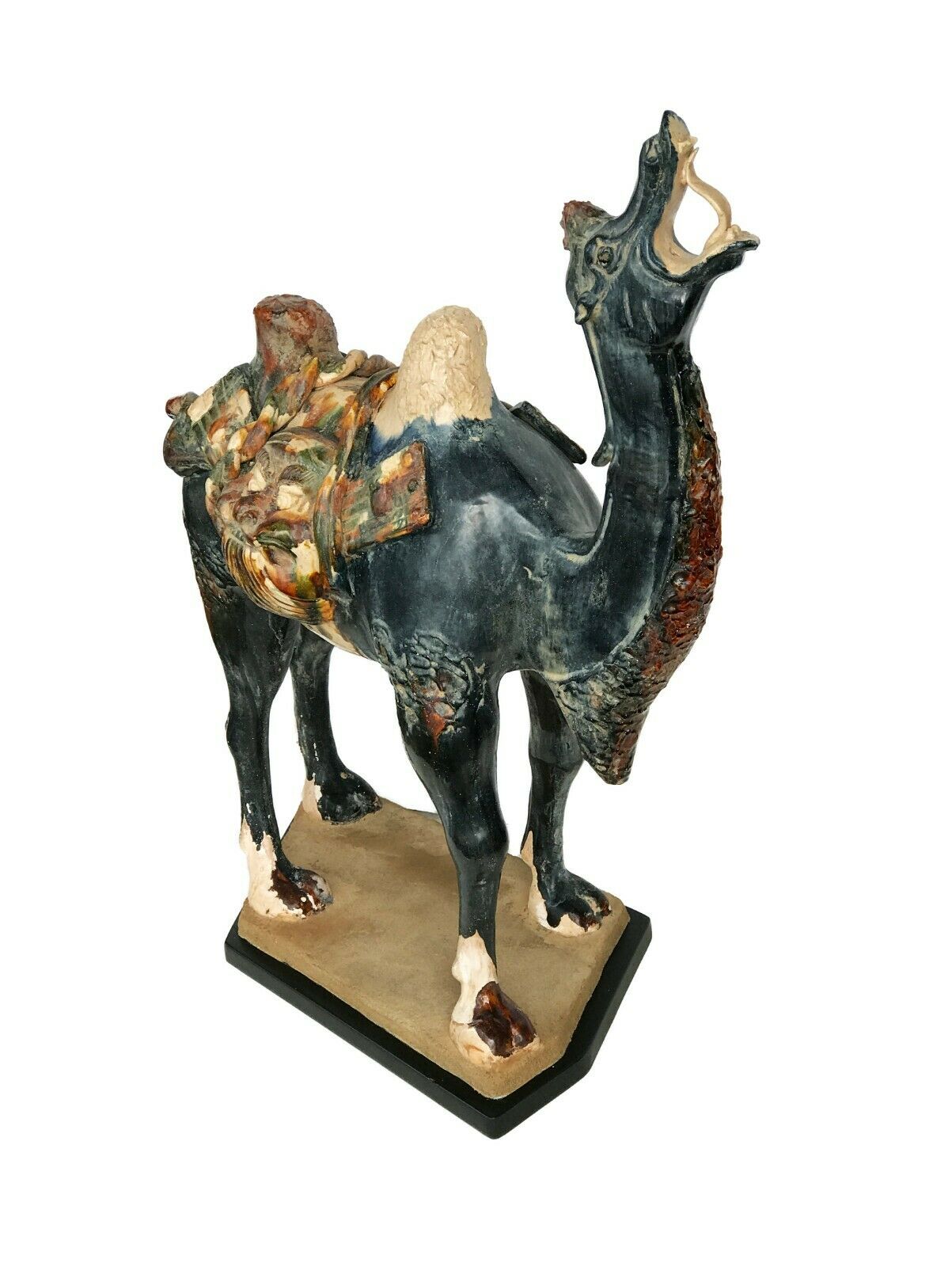 #389 Lg Chinese Tang-StyleTerracotta Camel on Wood Stand 26.5" H