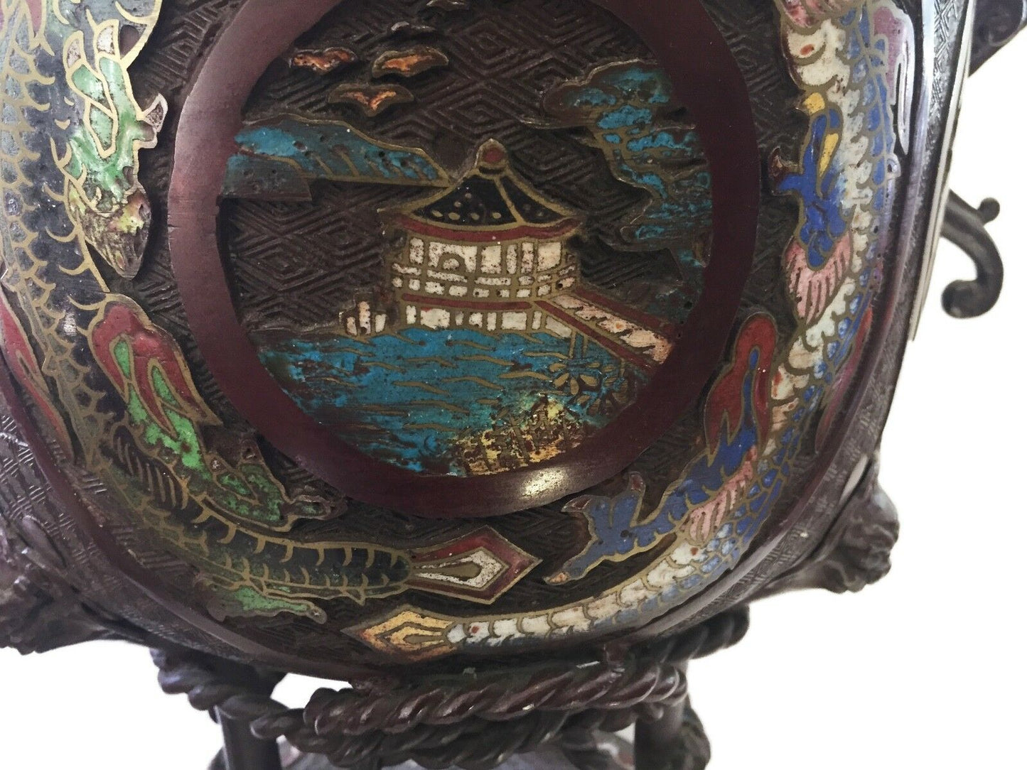 #1129 Superb 19th c Asian Enamel bronze Incense Burner w/Foo Dog 28" H
