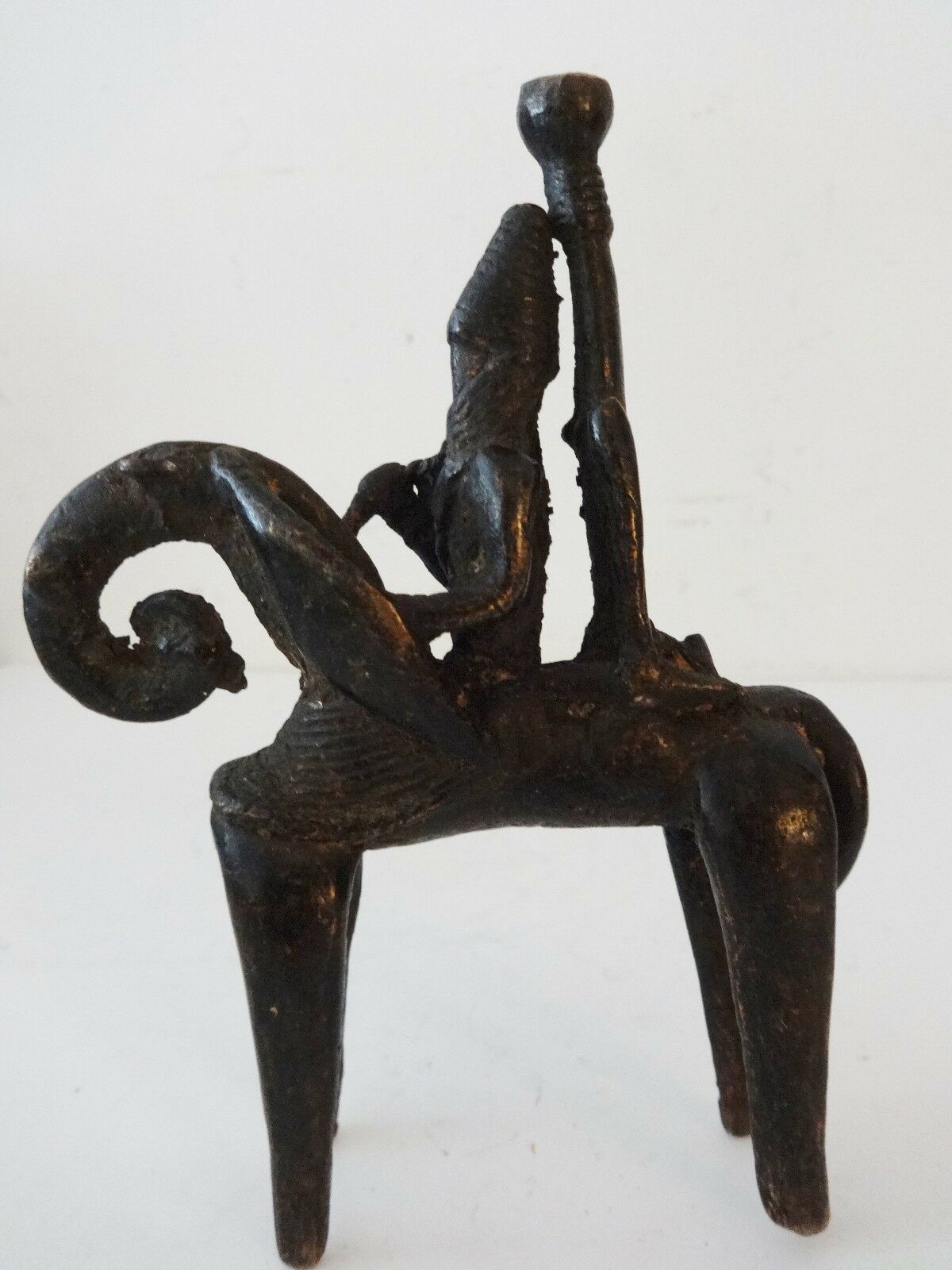 #993  African Dogon Bronze Horseman Cast Handmade Mali 4" W by 5" H