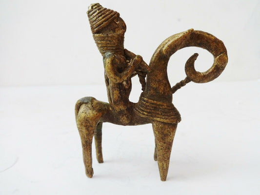 #992  African Dogon Bronze Horseman Cast Handmade Mali 3 3/4" W by 3 1/4" H
