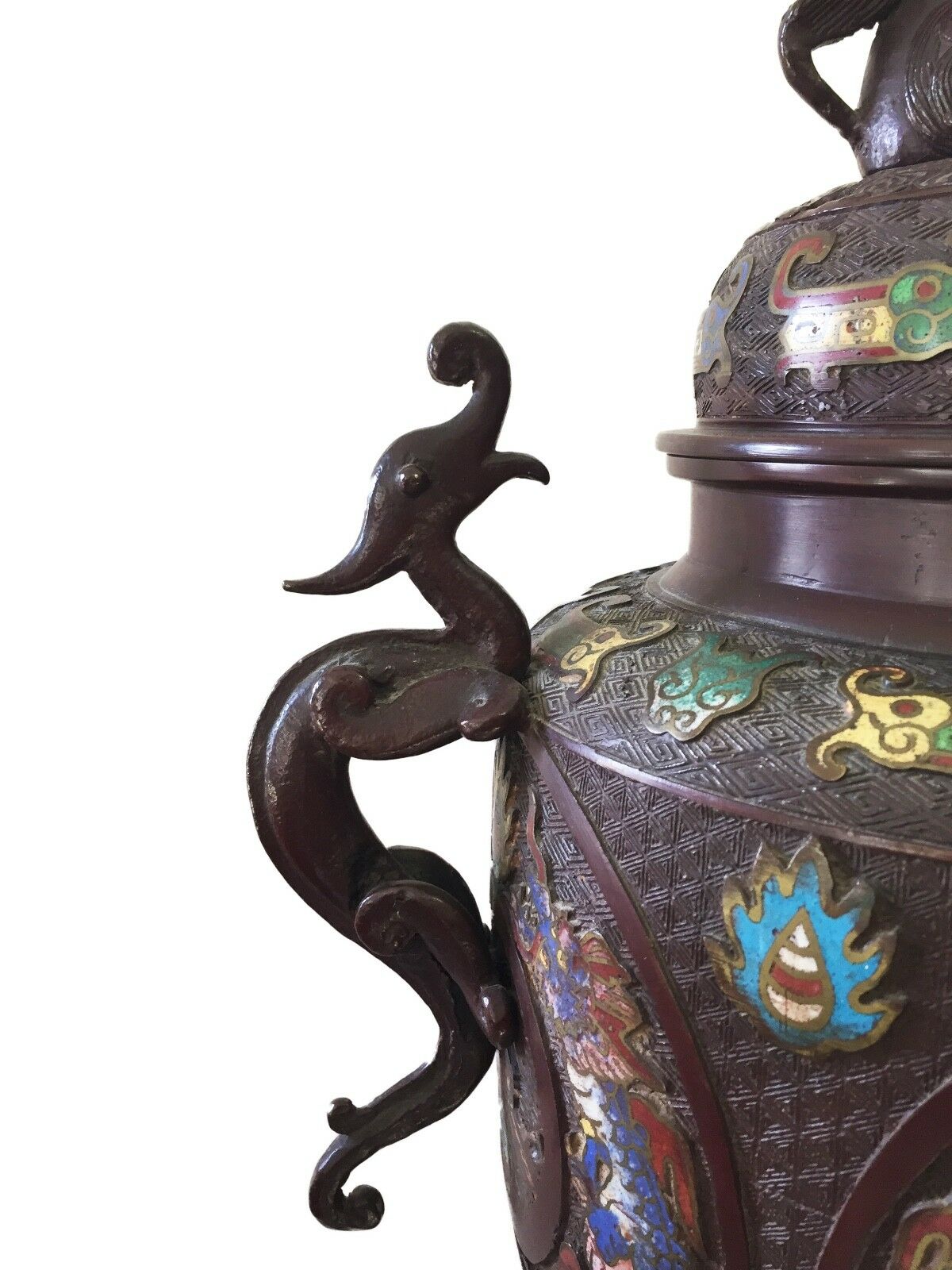 #1129 Superb 19th c Asian Enamel bronze Incense Burner w/Foo Dog 28" H