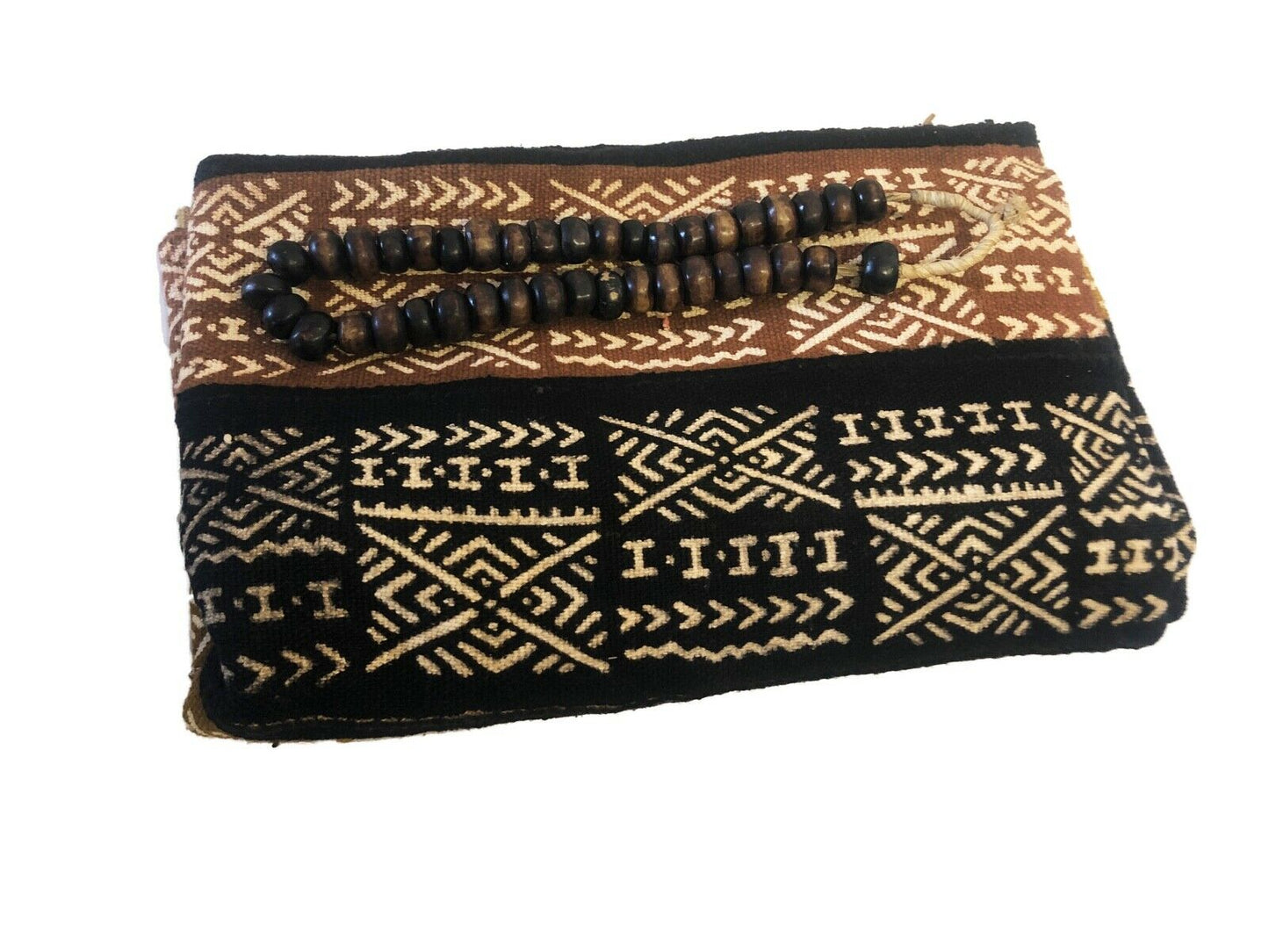 Superb Bogolan Mali Mud Cloth Textile W/ Bone Trade Beads 40" by 60" # 295