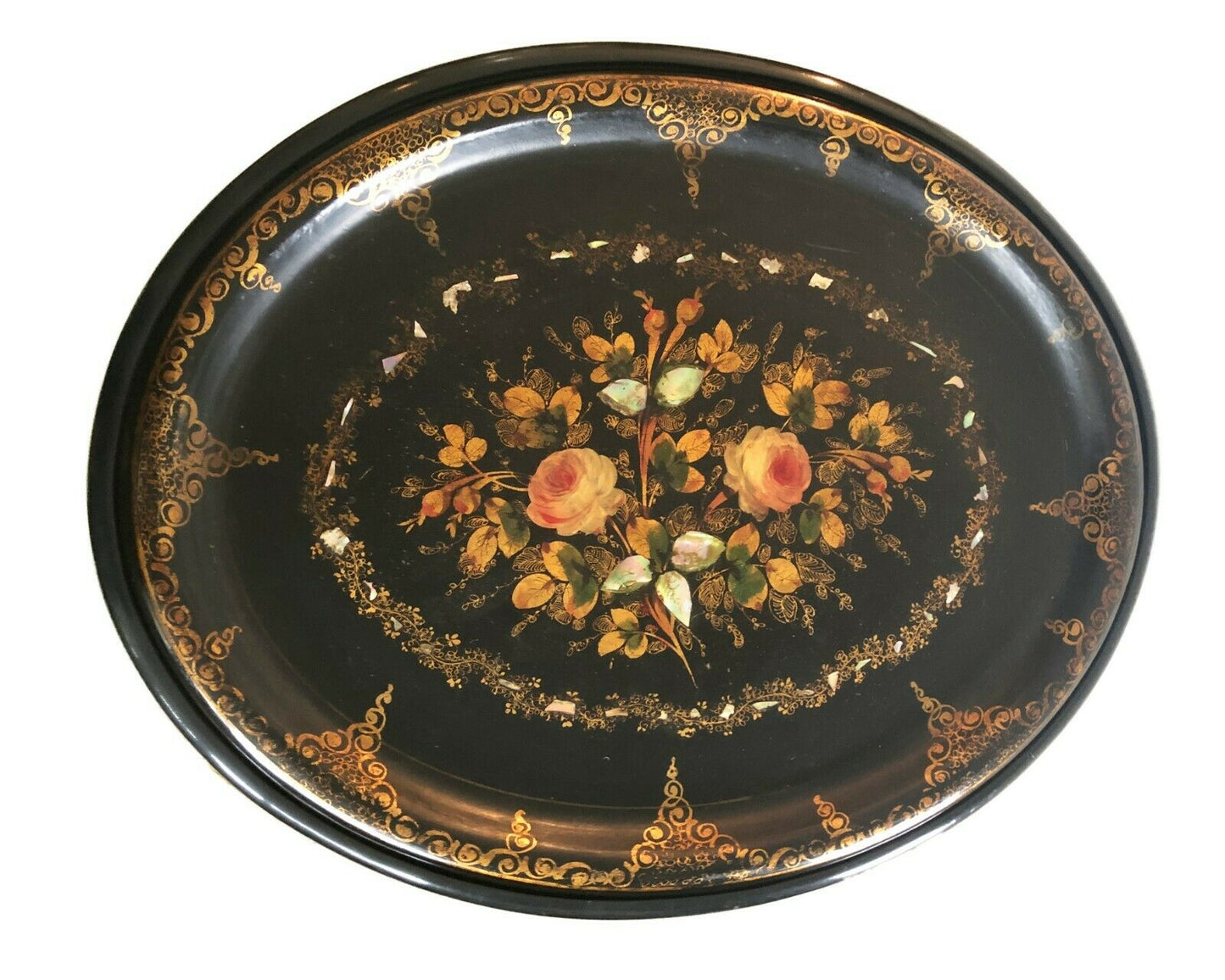 19th Papier Mâché Hand Painted Oval Tray Table W/ Mother of Pearl Inlay 22.5' H #525