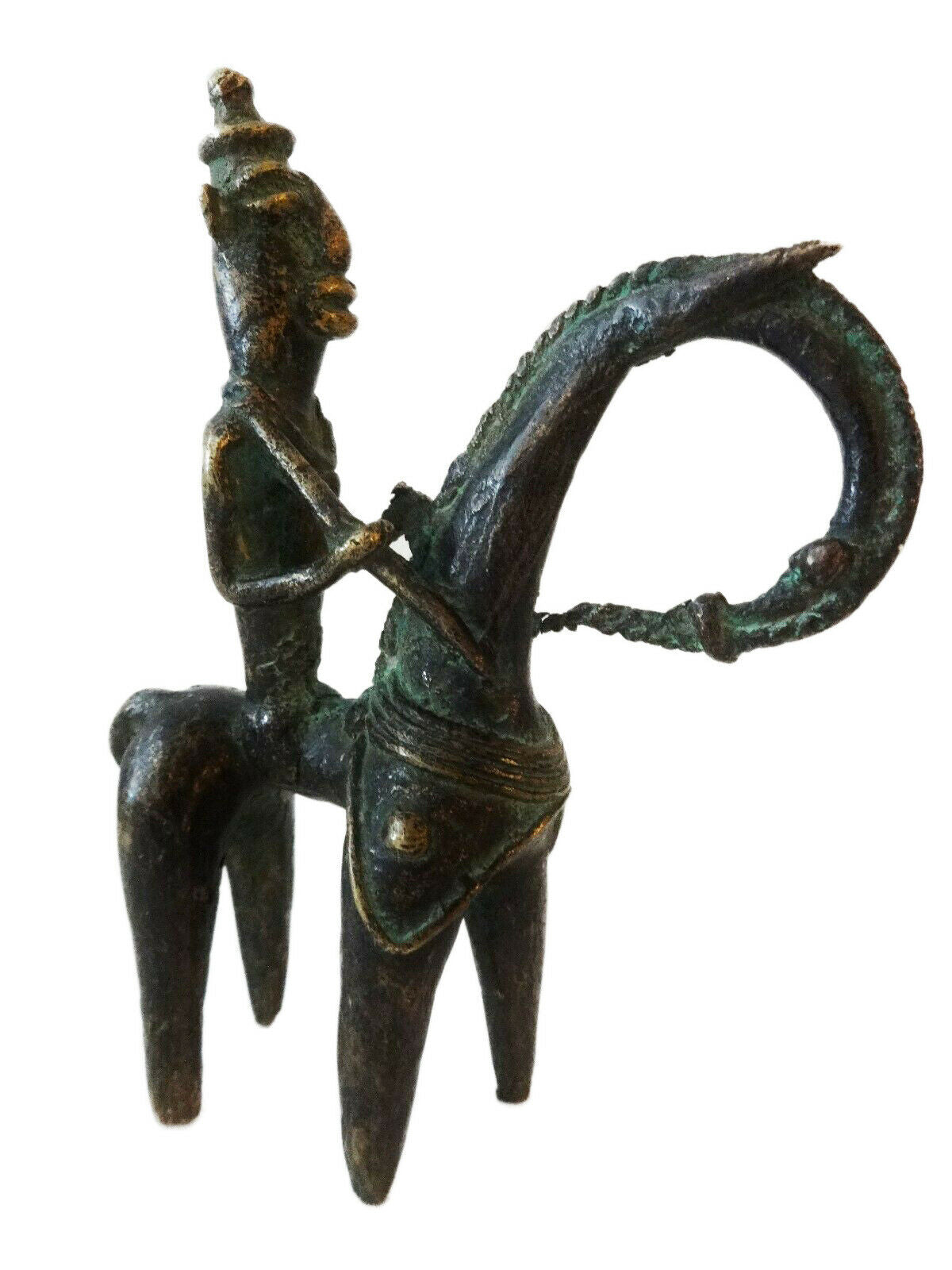 #674 African Dogon Bronze Horseman Cast Handmade Mali 6" W by 7.25" H